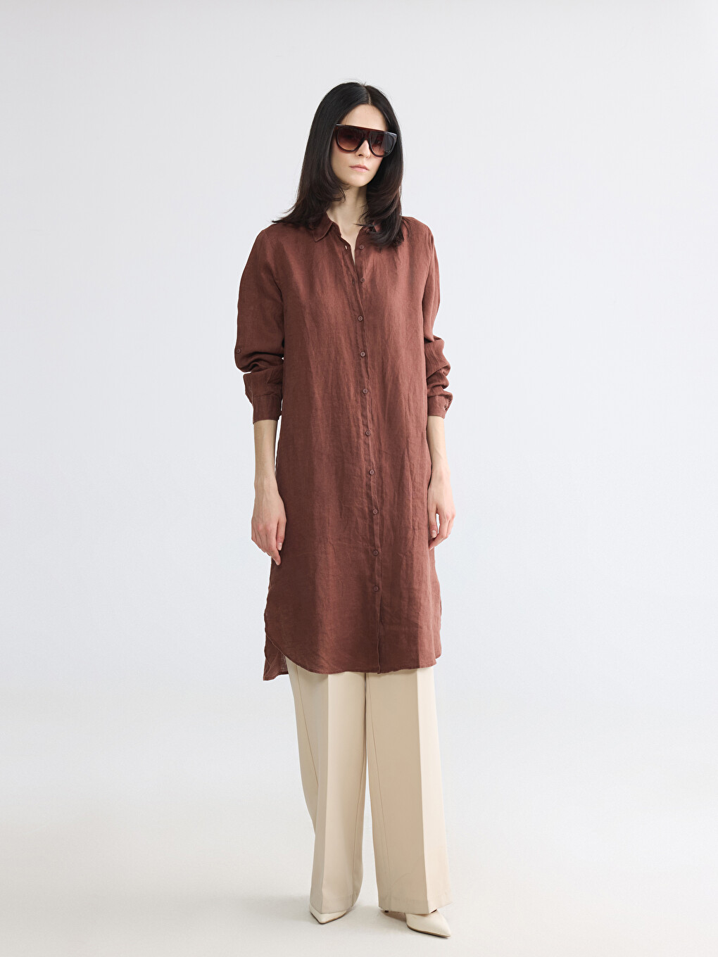 Oversize %100 lanena ženska košulja tunika-1