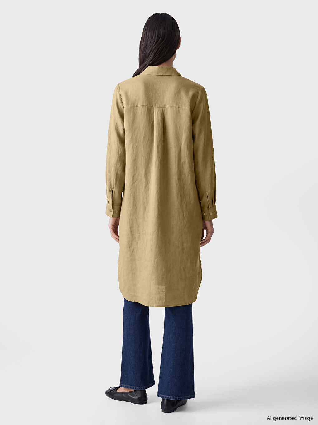 Kahverengi Oversize %100 Keten Kadın Gömlek Tunik-3