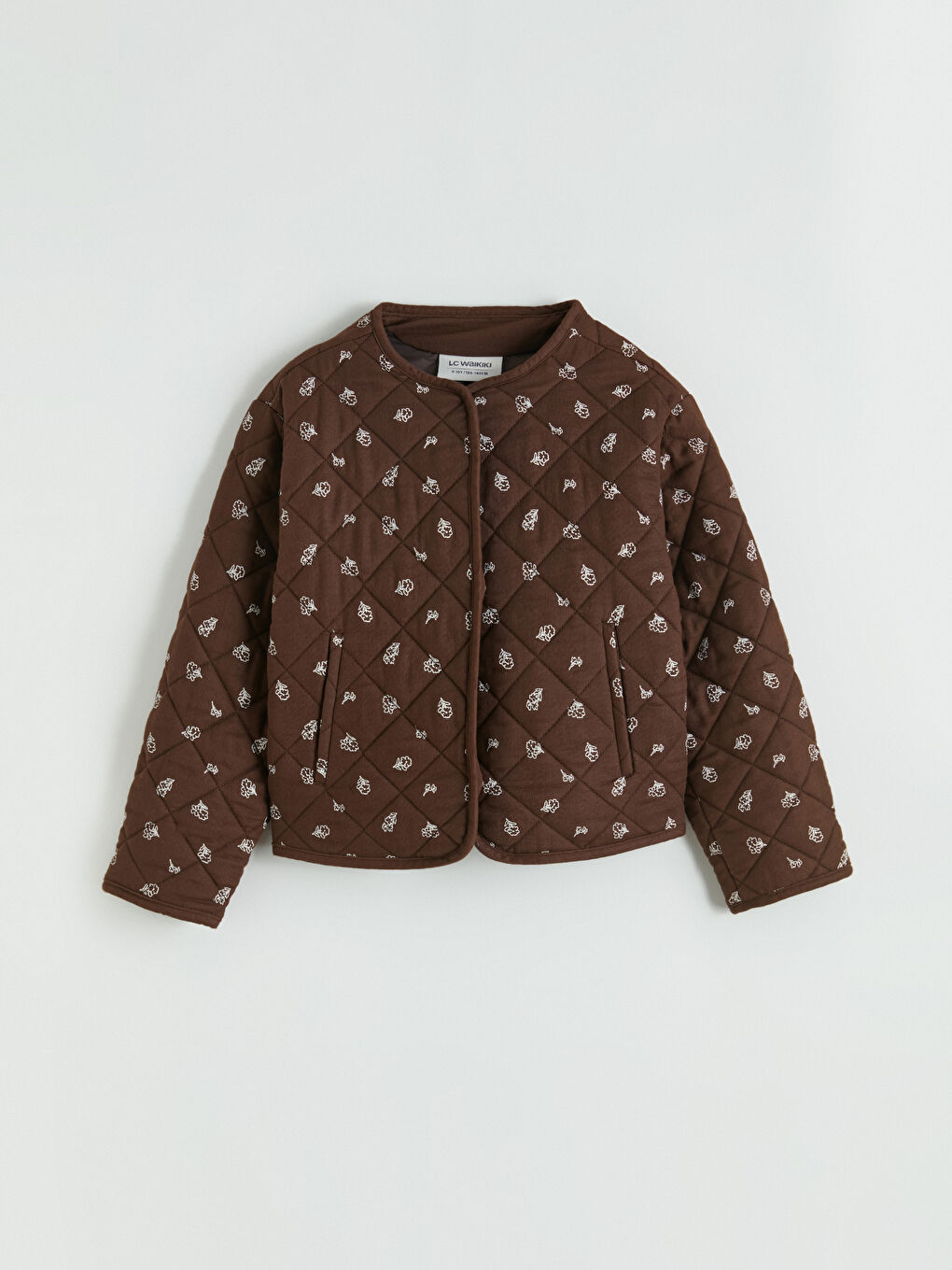 Kahverengi Bisiklet Yaka Çiçekli Kapitone Kız Çocuk Ceket