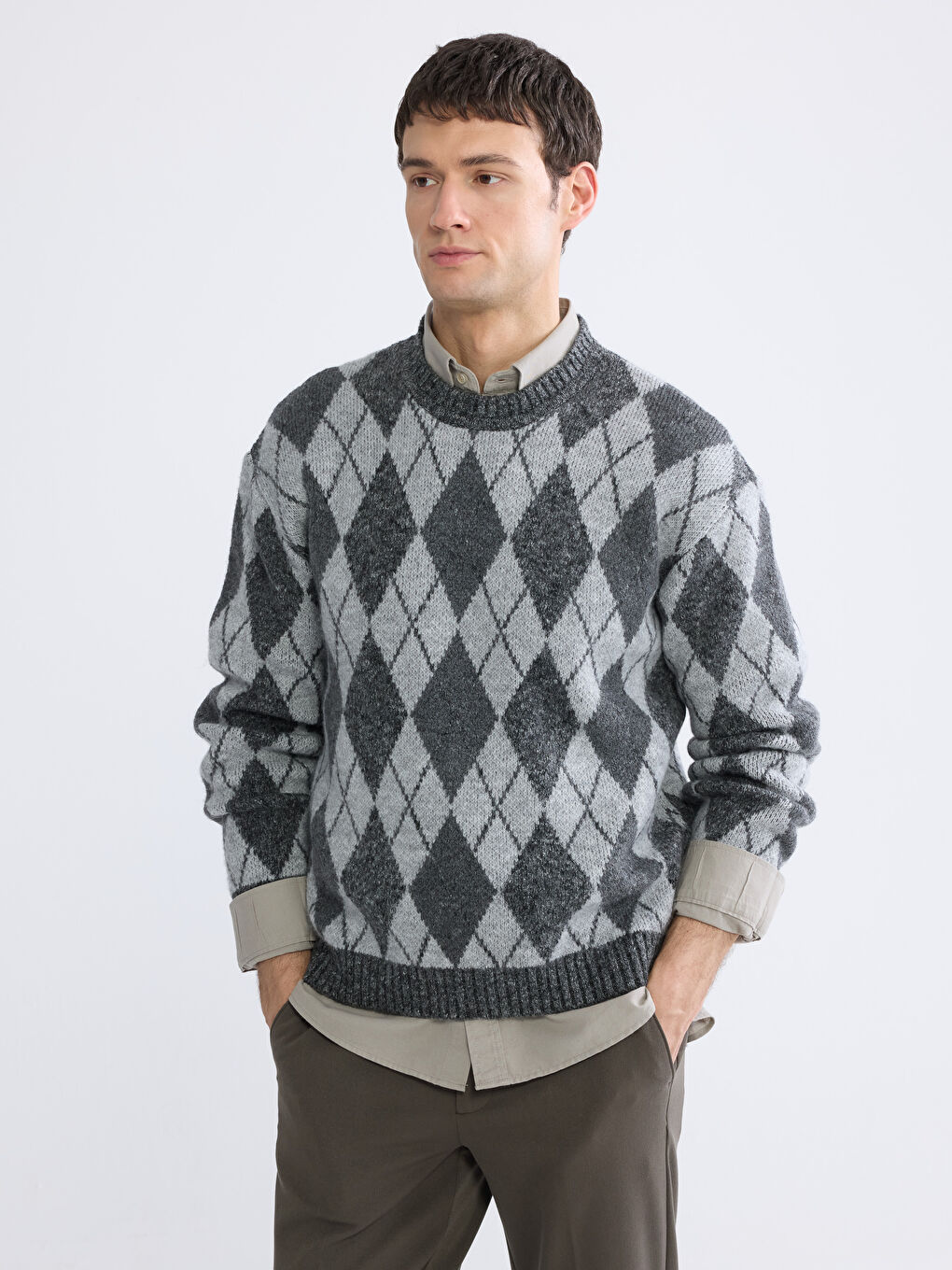 Crew Neck Patterned Men's Knit Sweater