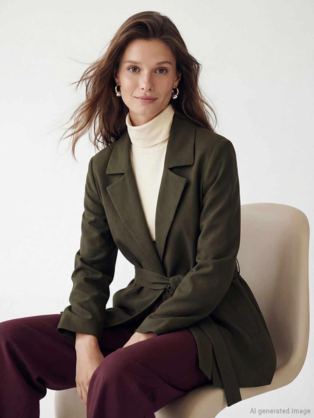 Haki Beli Kuşaklı Süet Görünümlü Kadın Ceket