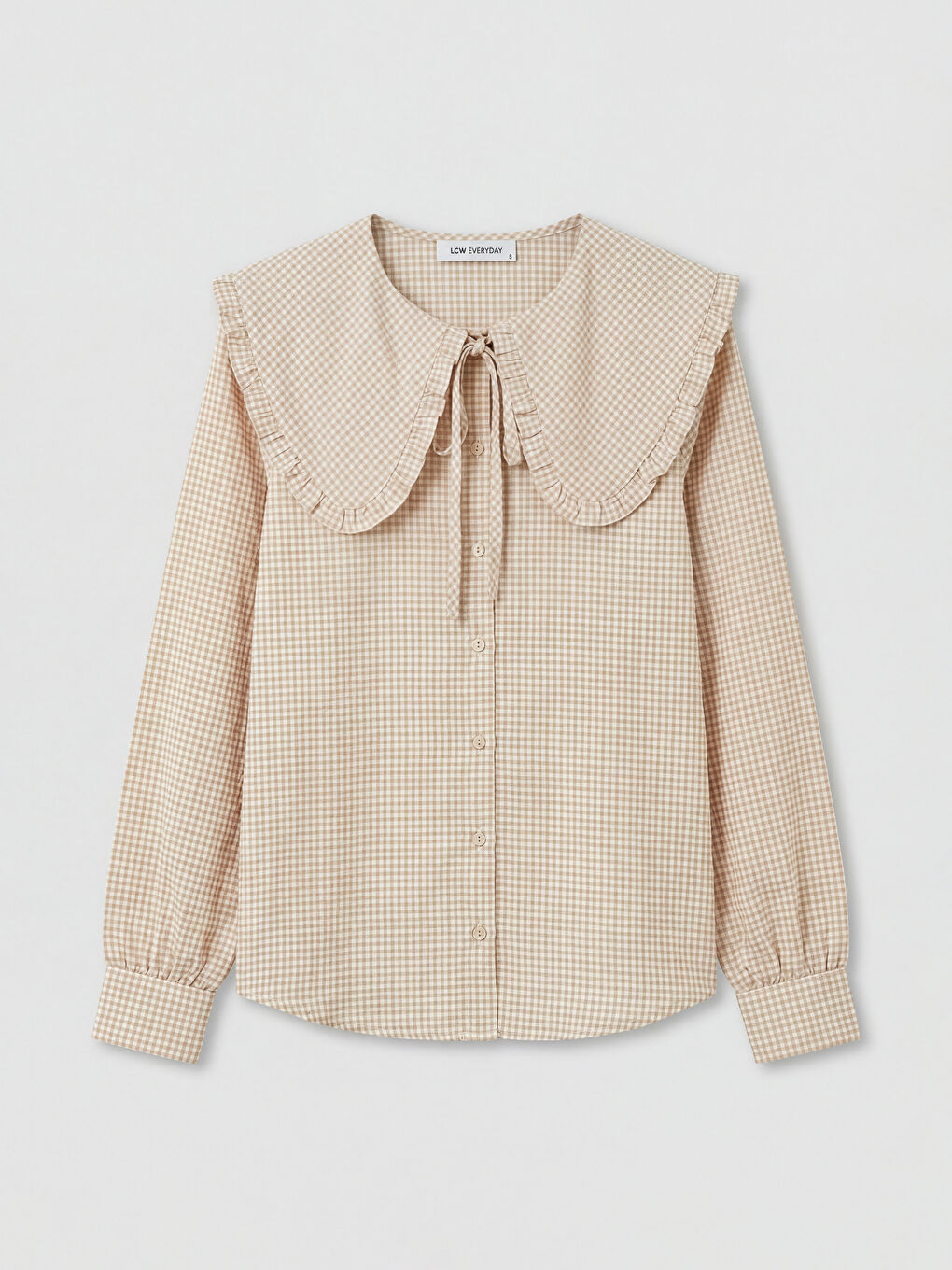 Bej Bebe Yaka Ekose Fırfırlı Bluz	