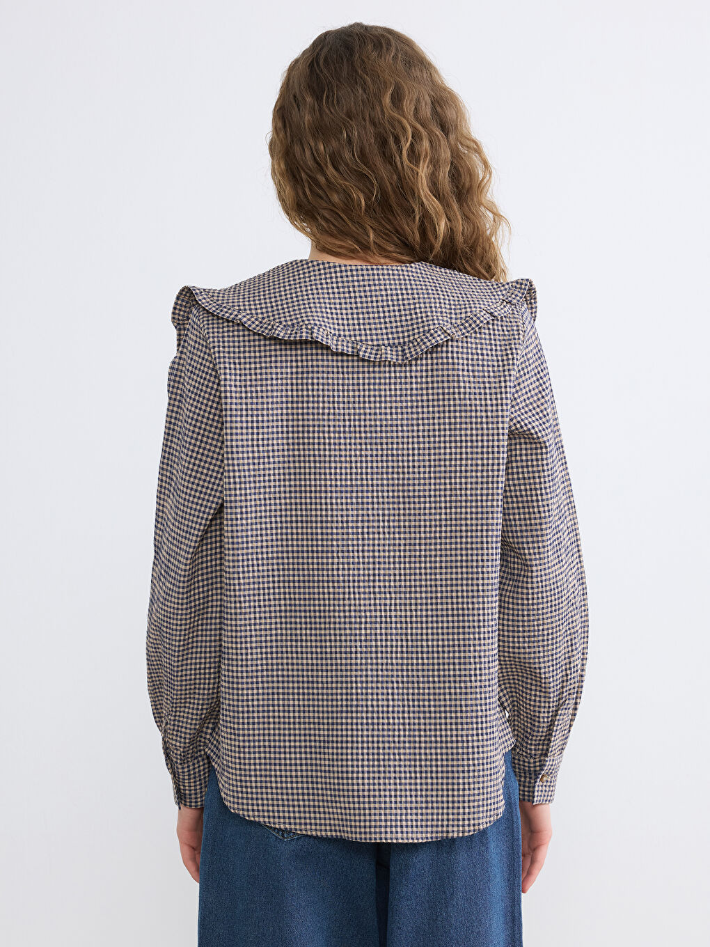 Lacivert Bebe Yaka Ekose Fırfırlı Bluz	-3