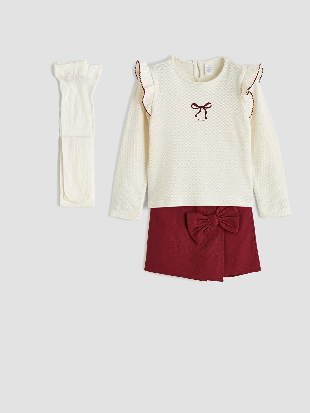 Ekru Fiyonk Detaylı Kız Çocuk Bluz Şort Etek ve Külotlu Çorap
