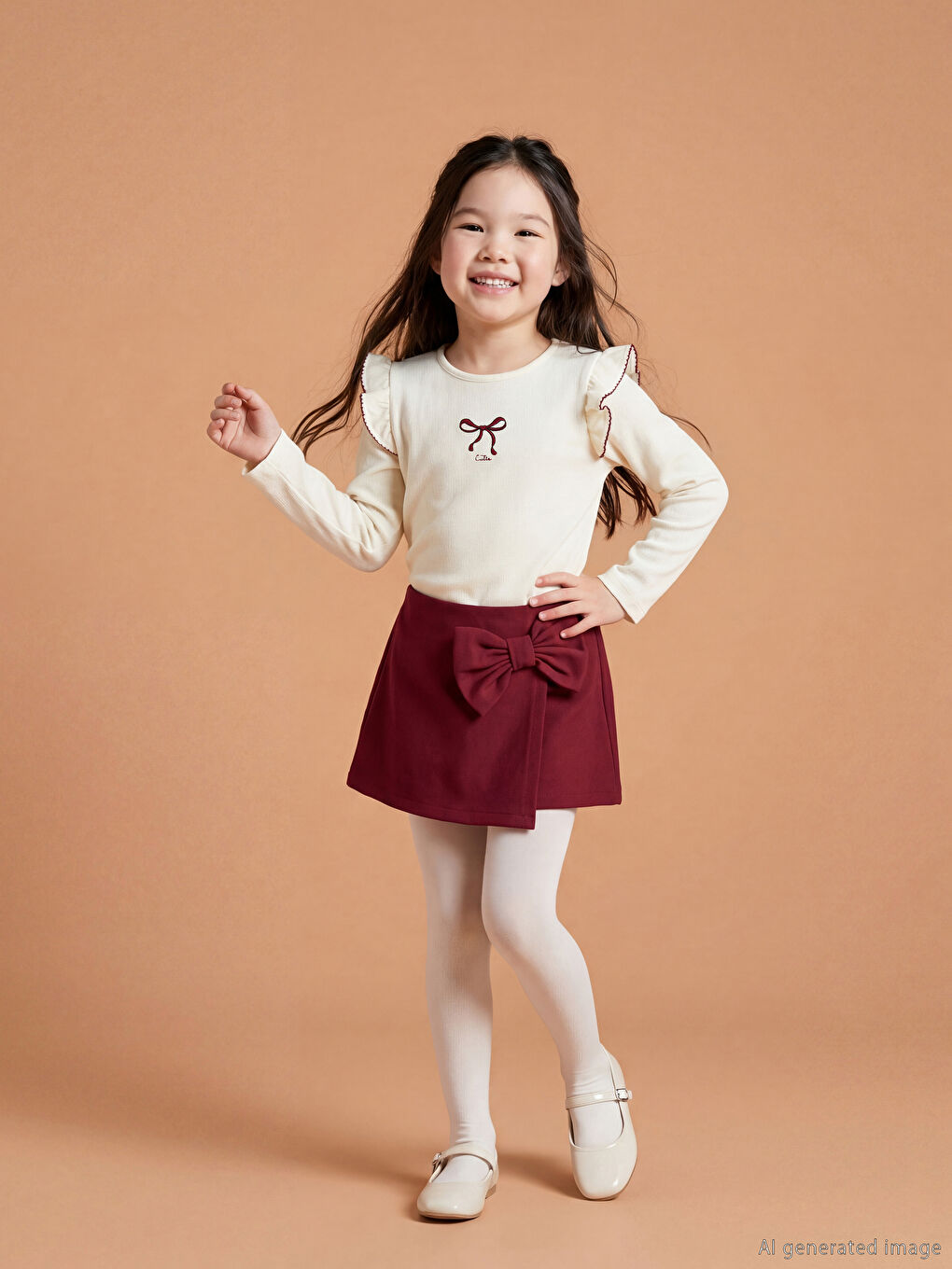 Ekru Fiyonk Detaylı Kız Çocuk Bluz Şort Etek ve Külotlu Çorap