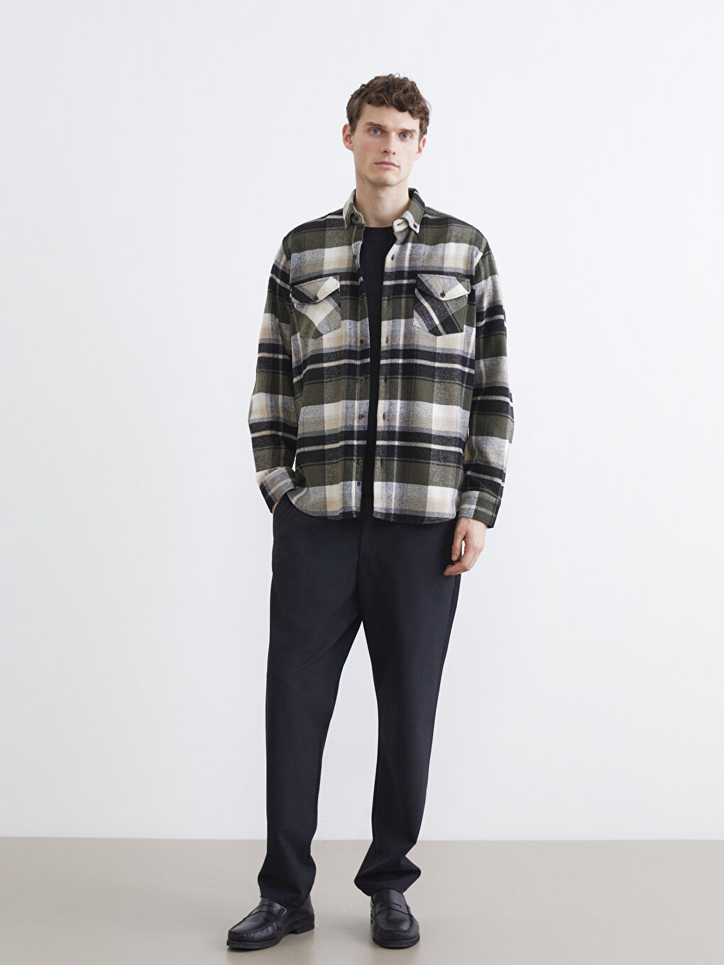 Haki Regular Fit Ekose Erkek Oduncu Gömlek-1