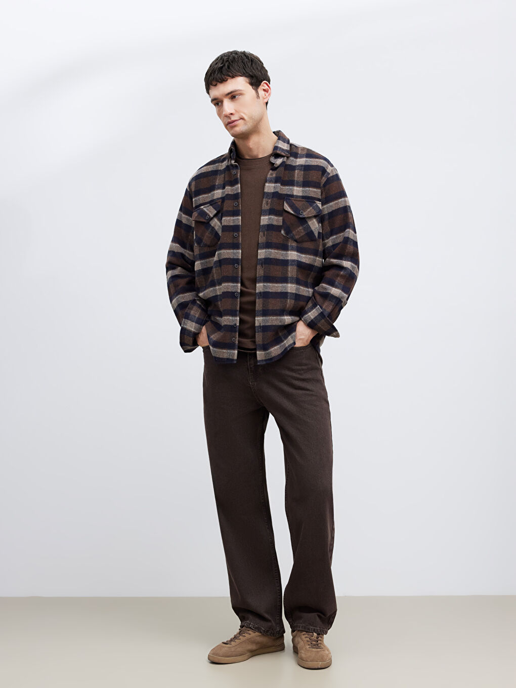 Kahverengi Regular Fit Ekose Erkek Oduncu Gömlek	-1