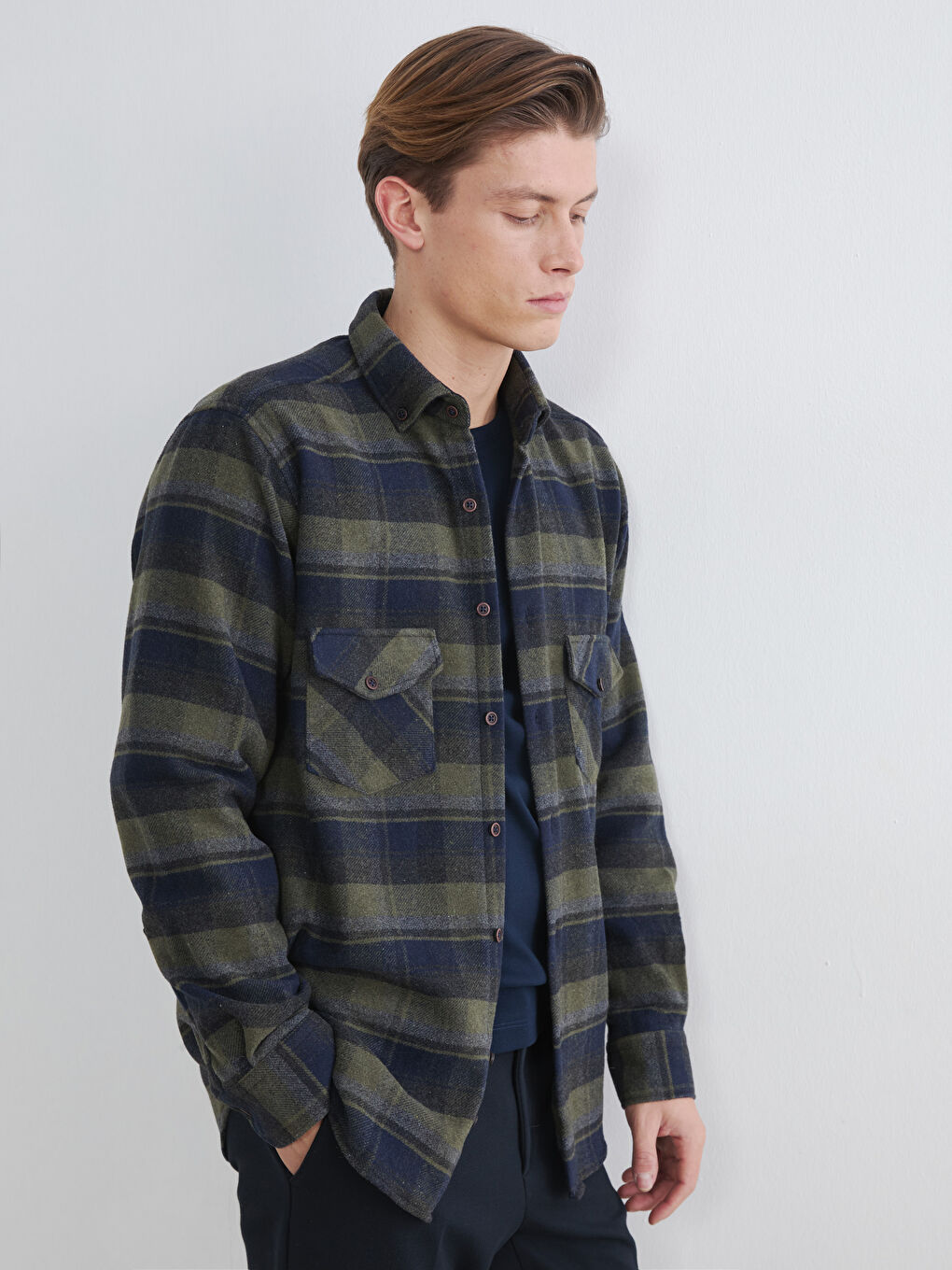 Haki Regular Fit Ekose Desenli Erkek Oduncu Gömlek