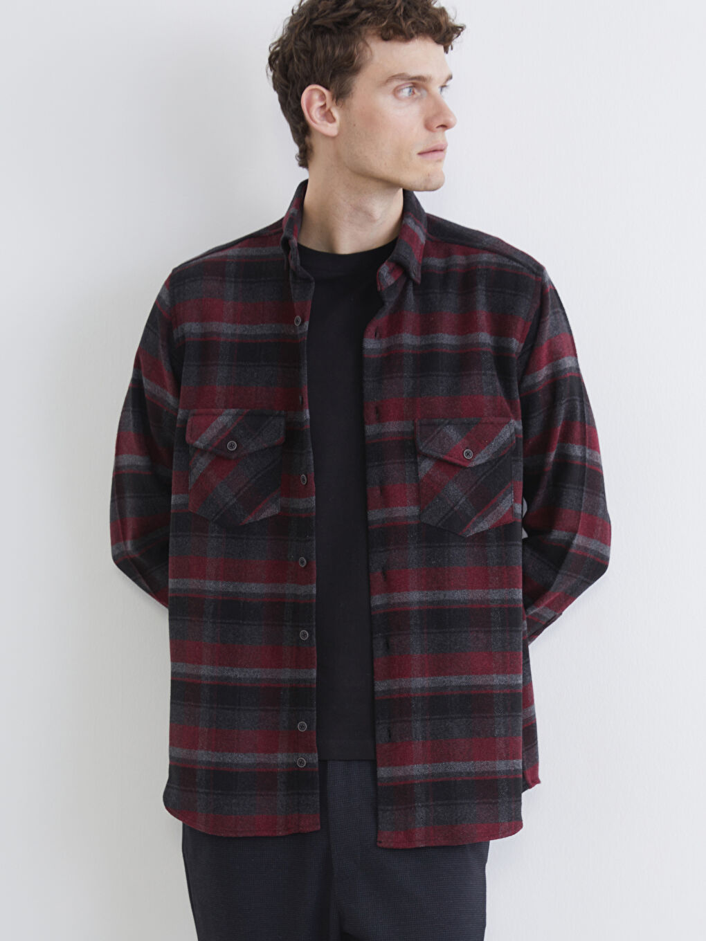 Bordo Regular Fit Ekose Desenli Erkek Oduncu Gömlek