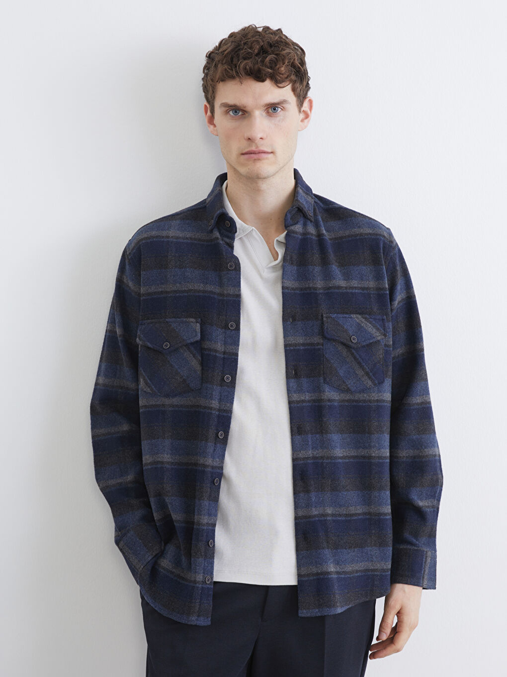 Lacivert Regular Fit Ekose Desenli Erkek Oduncu Gömlek