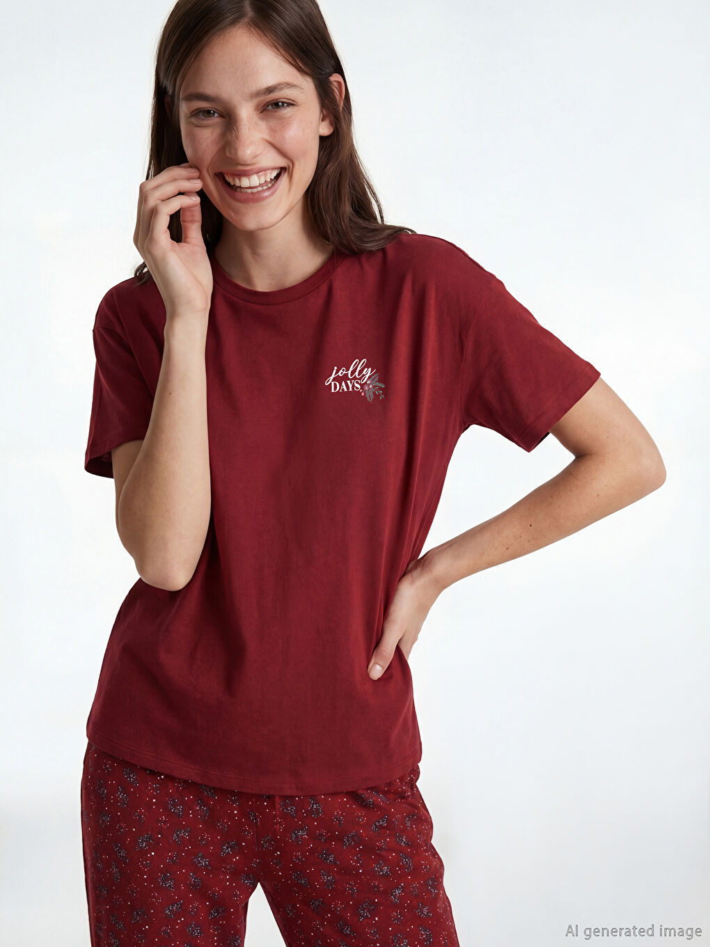 Kırmızı Bisiklet Yaka Baskılı Kadın Pijama Takım