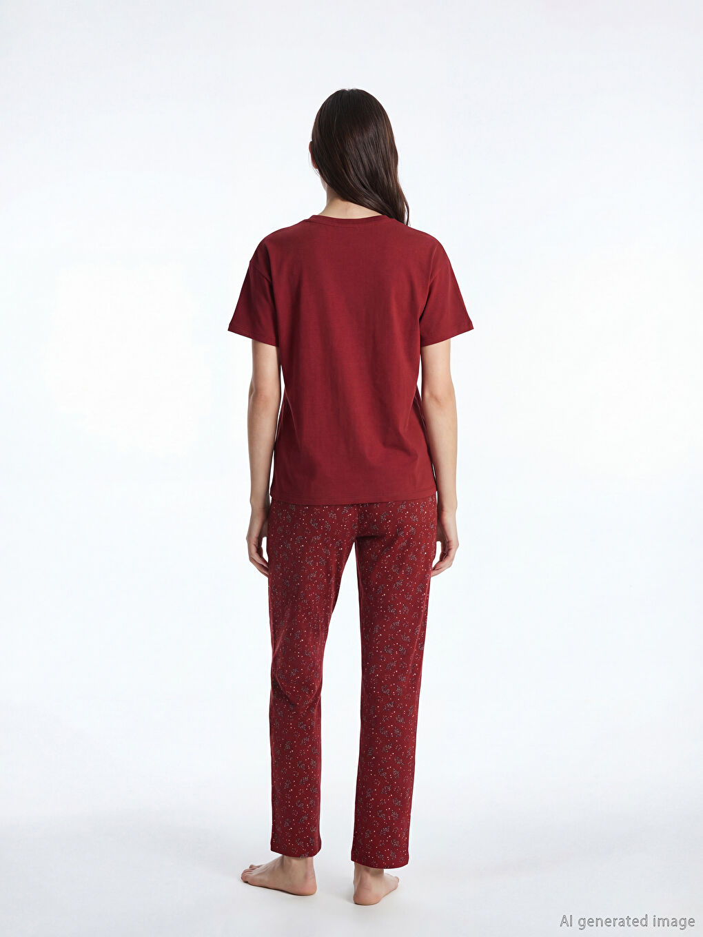 Kırmızı Bisiklet Yaka Baskılı Kadın Pijama Takım-3