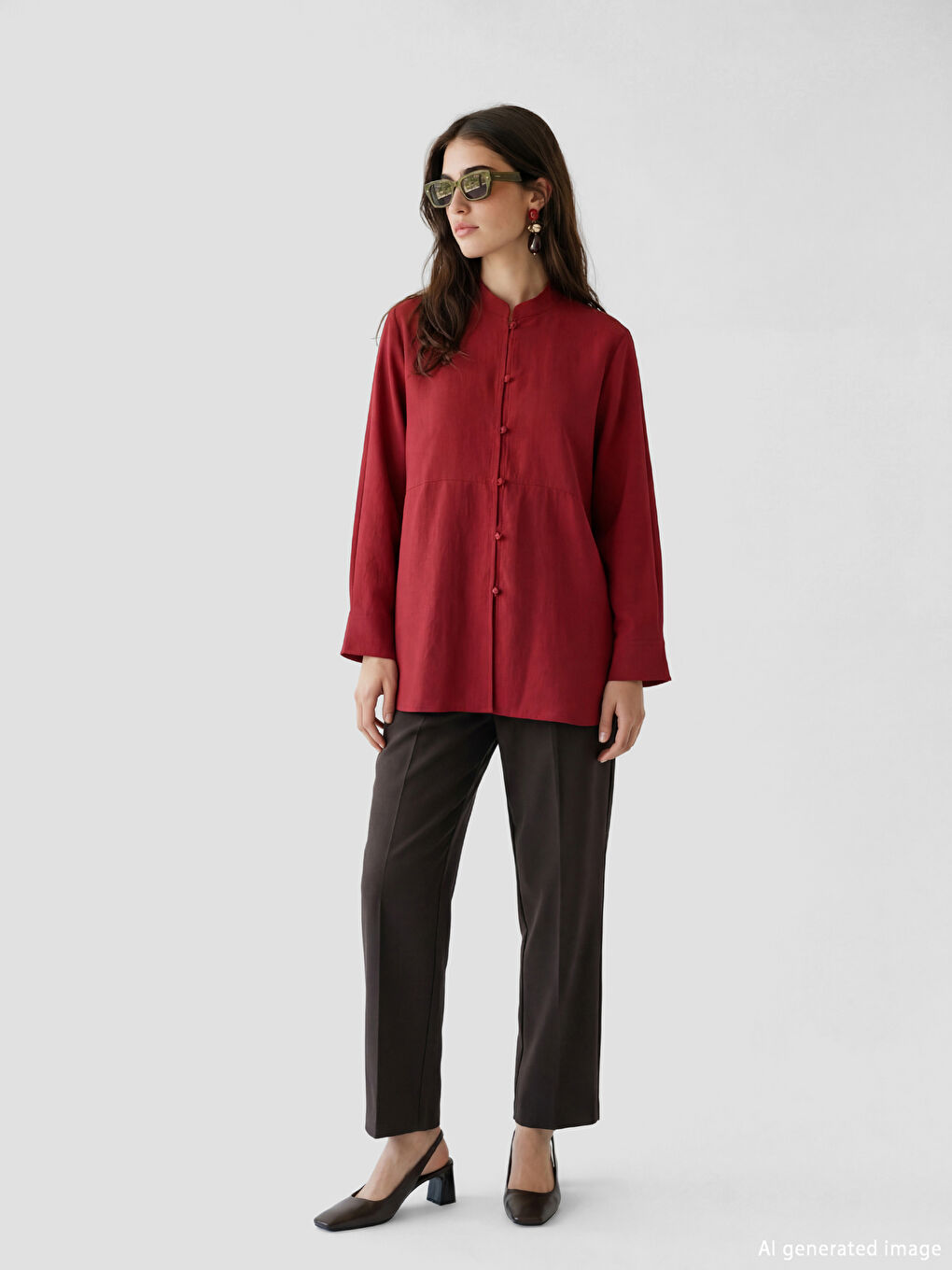 Kırmızı Hakim Yaka Oversize Kadın Gömlek Tunik-1