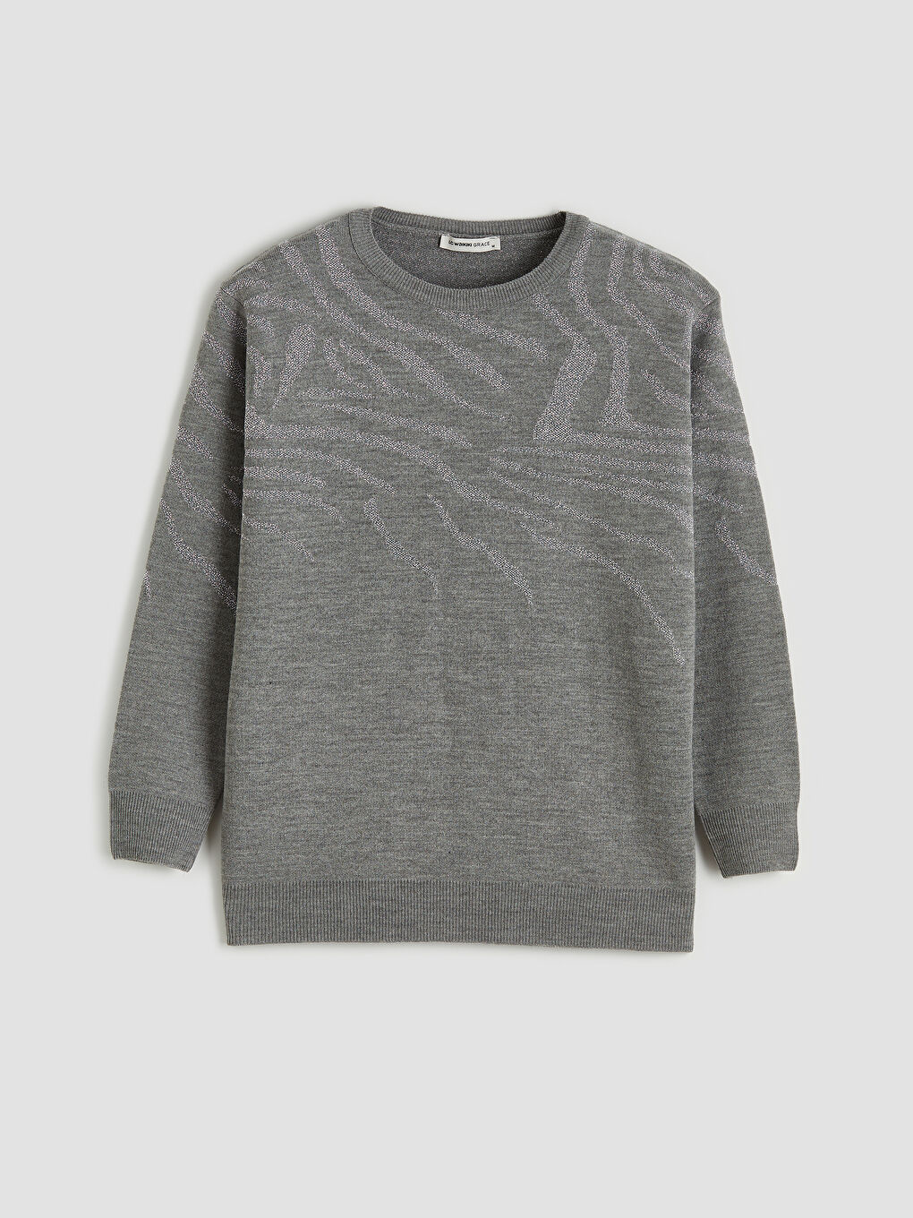 Gri Bisiklet Yaka Desenli Kadın Triko Kazak