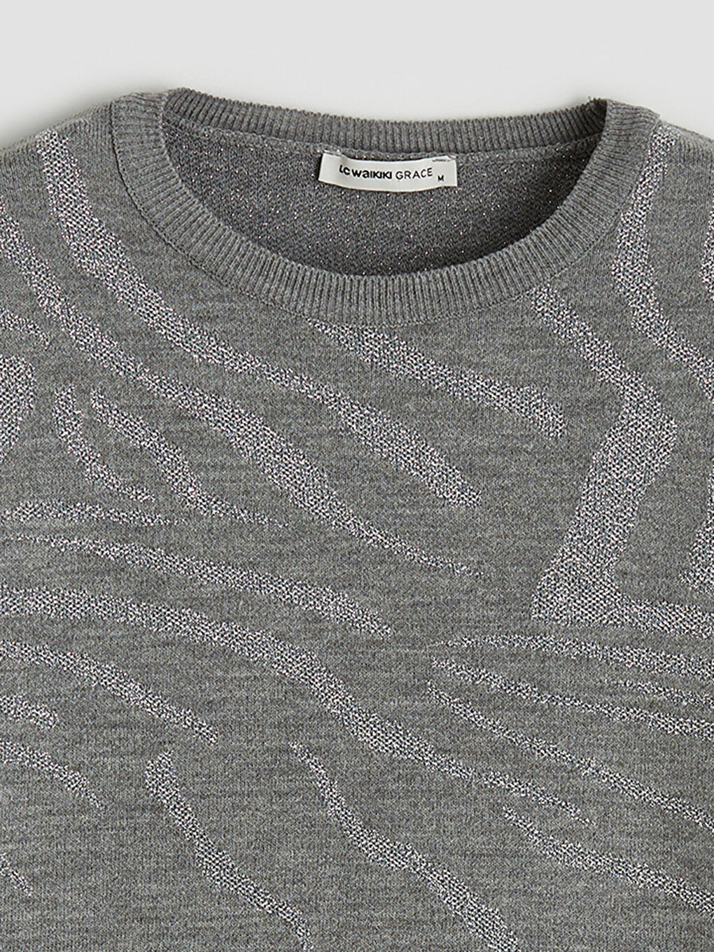 Gri Bisiklet Yaka Desenli Kadın Triko Kazak-1