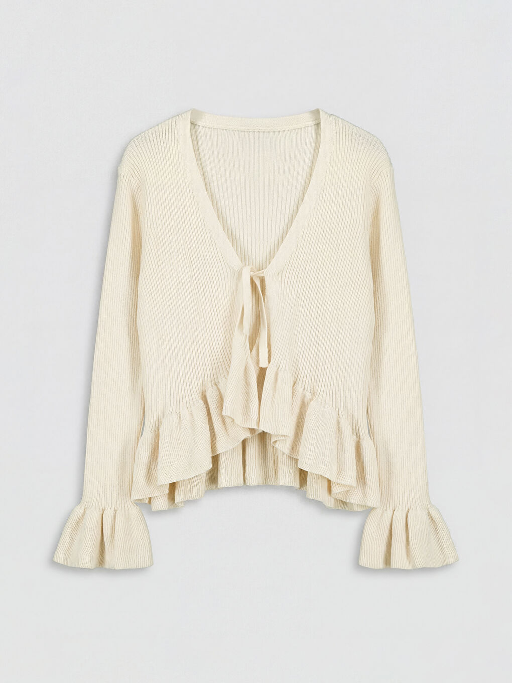 Ekru V Yaka Fırfırlı Kız Çocuk Triko Hırka