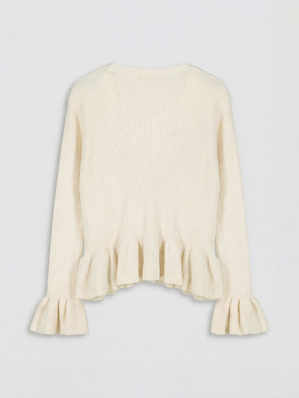 Ekru V Yaka Fırfırlı Kız Çocuk Triko Hırka-1