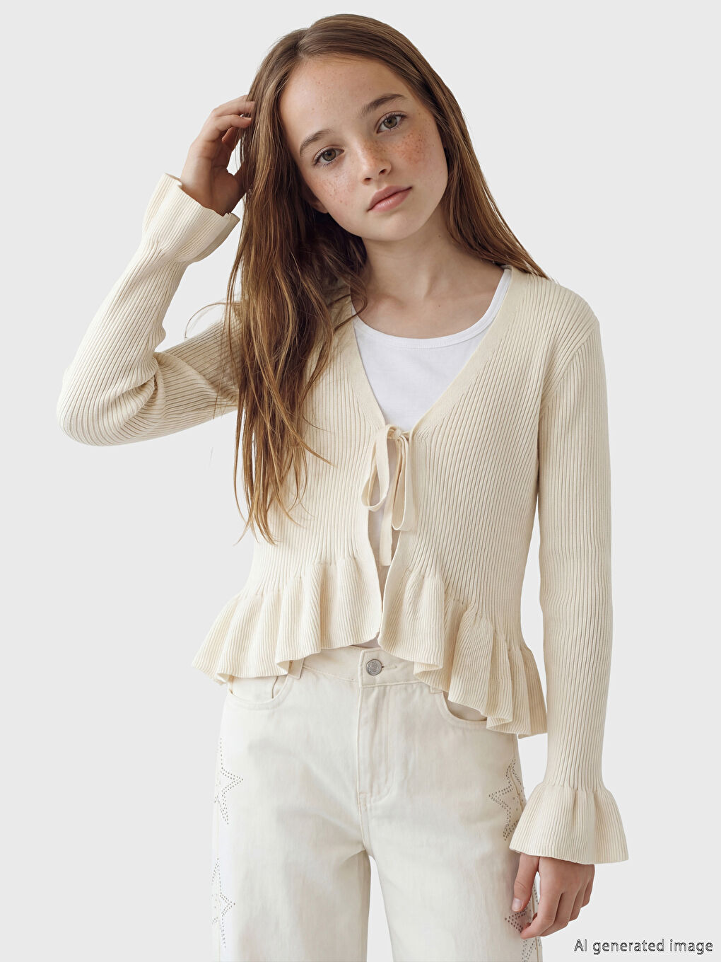 Ekru V Yaka Fırfırlı Kız Çocuk Triko Hırka