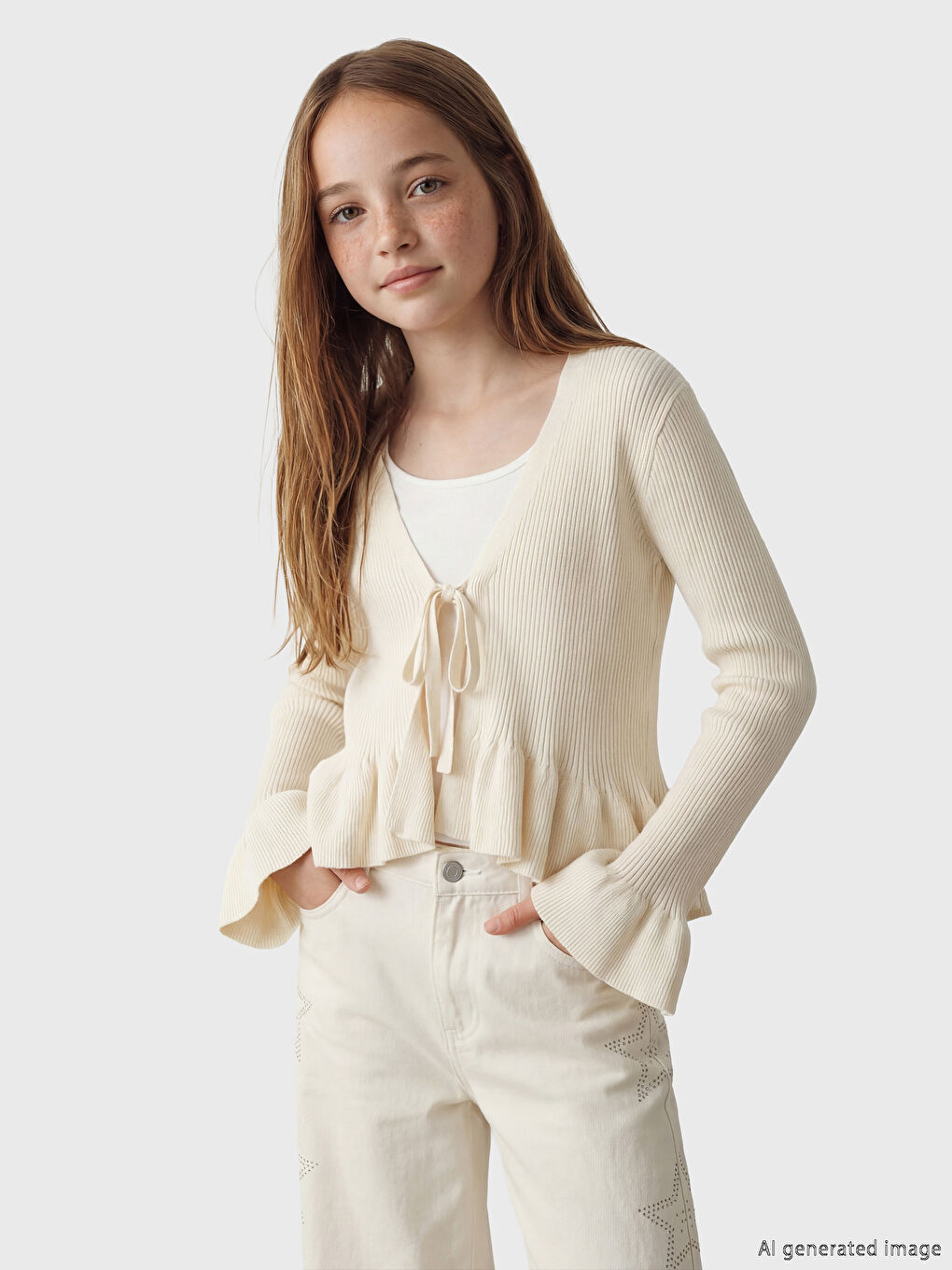 Ekru V Yaka Fırfırlı Kız Çocuk Triko Hırka-1