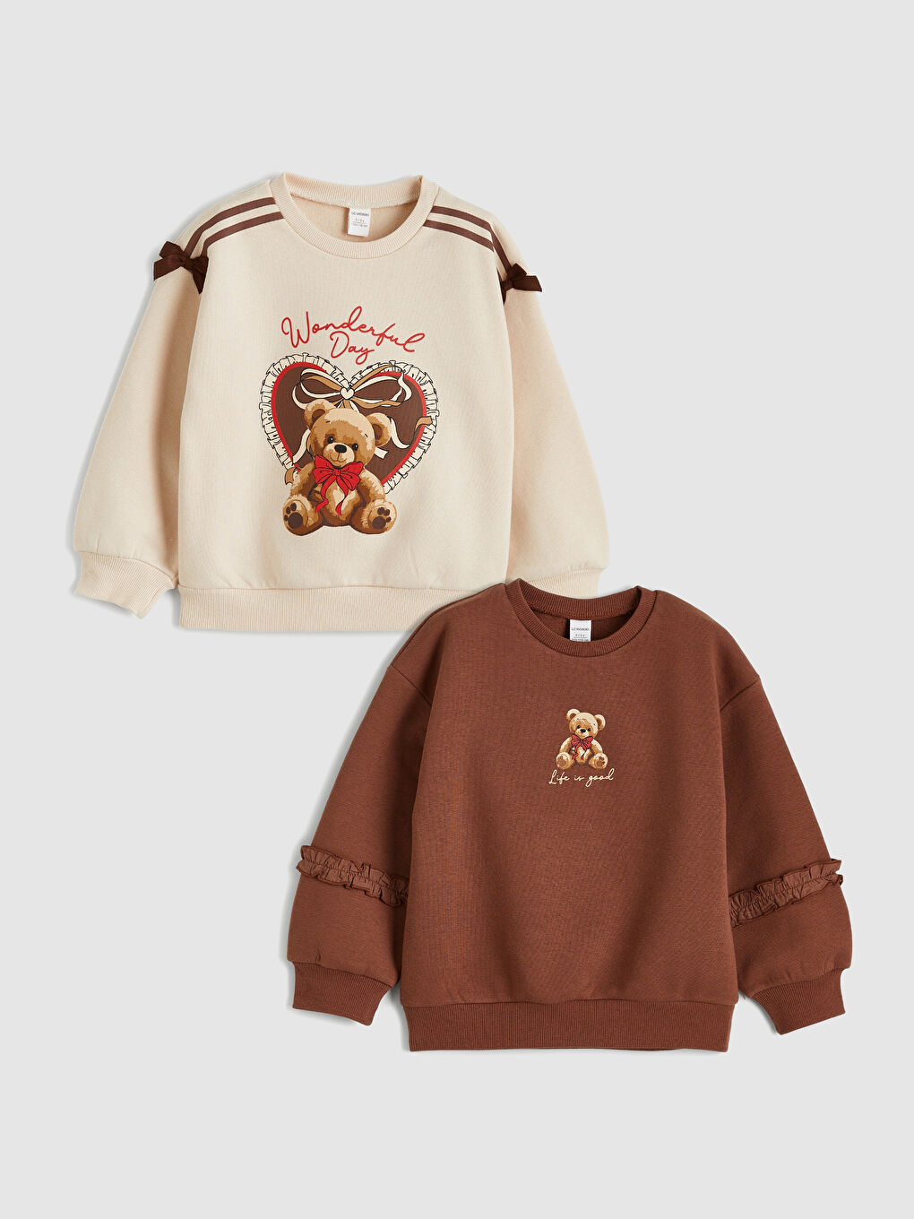 Pembe Ayı Teddy Baskılı Kız Çocuk Kalın Sweatshirt 2'li