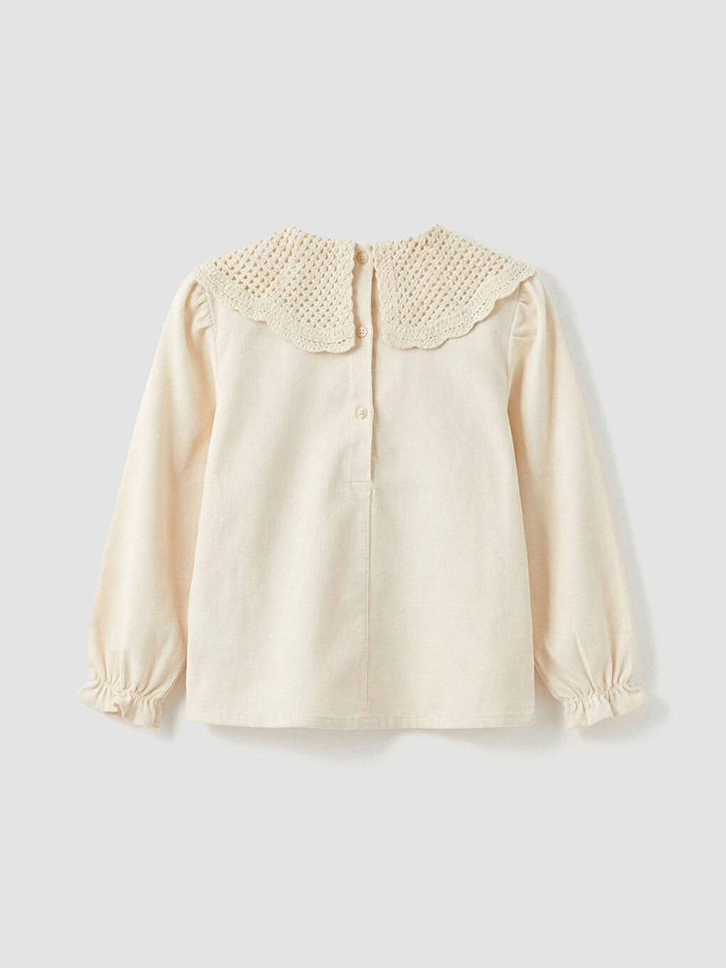 Ekru Çiçek Nakışlı Kız Çocuk Kadife Gömlek-1