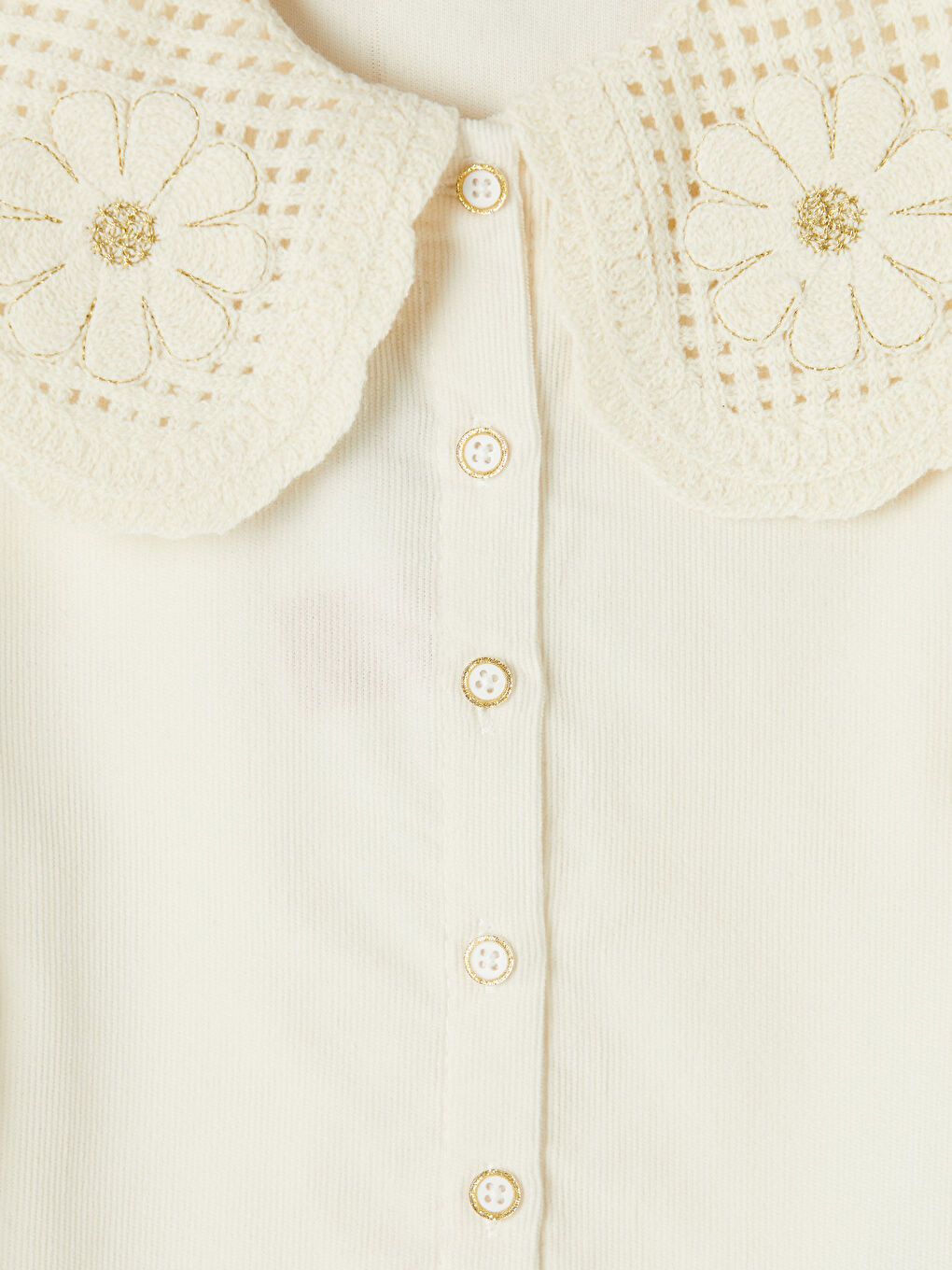 Ekru Çiçek Nakışlı Kız Çocuk Kadife Gömlek-2