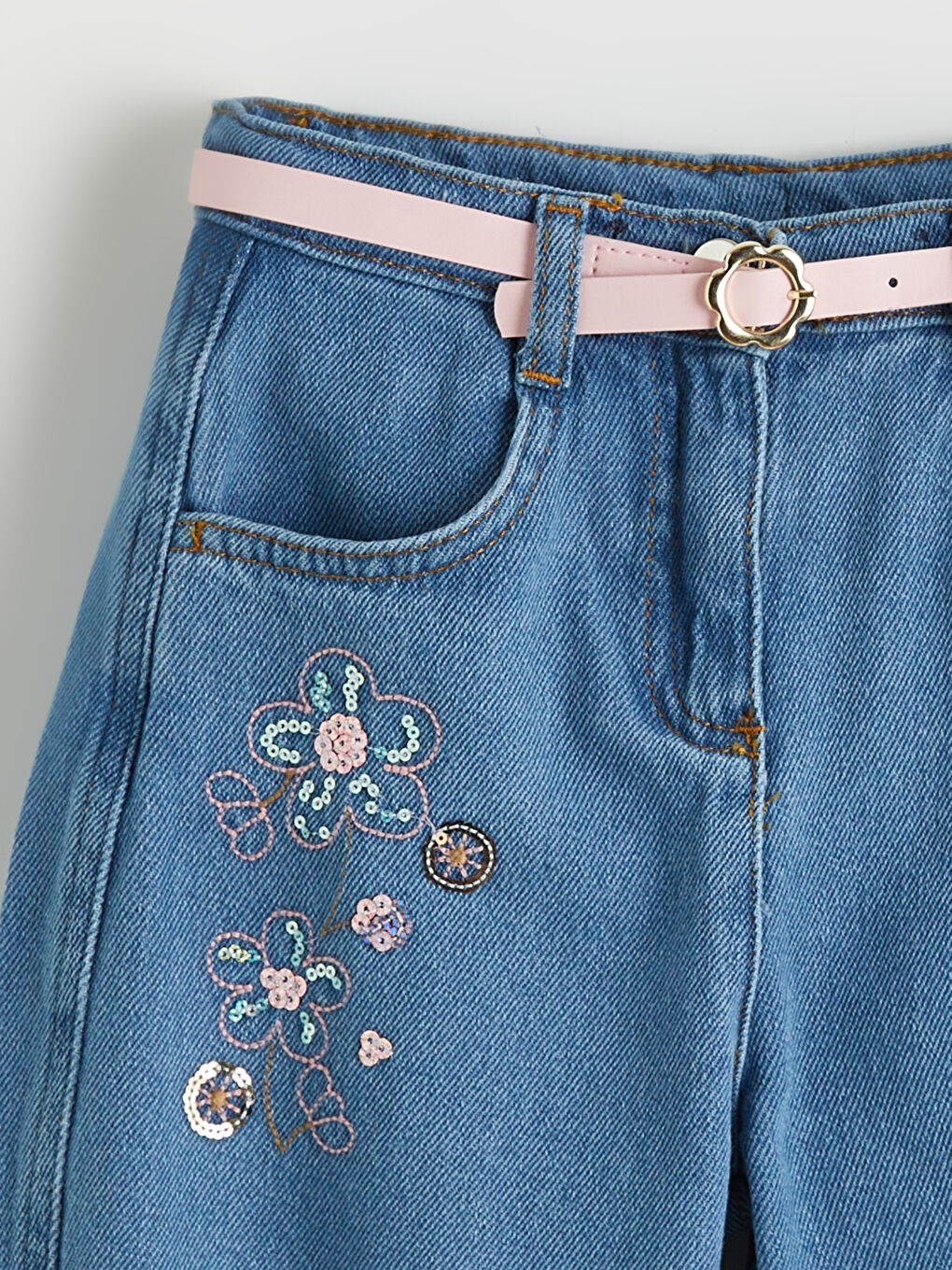 Mavi Balloon Fit Çiçekli Kız Çocuk Jean Pantolon-1