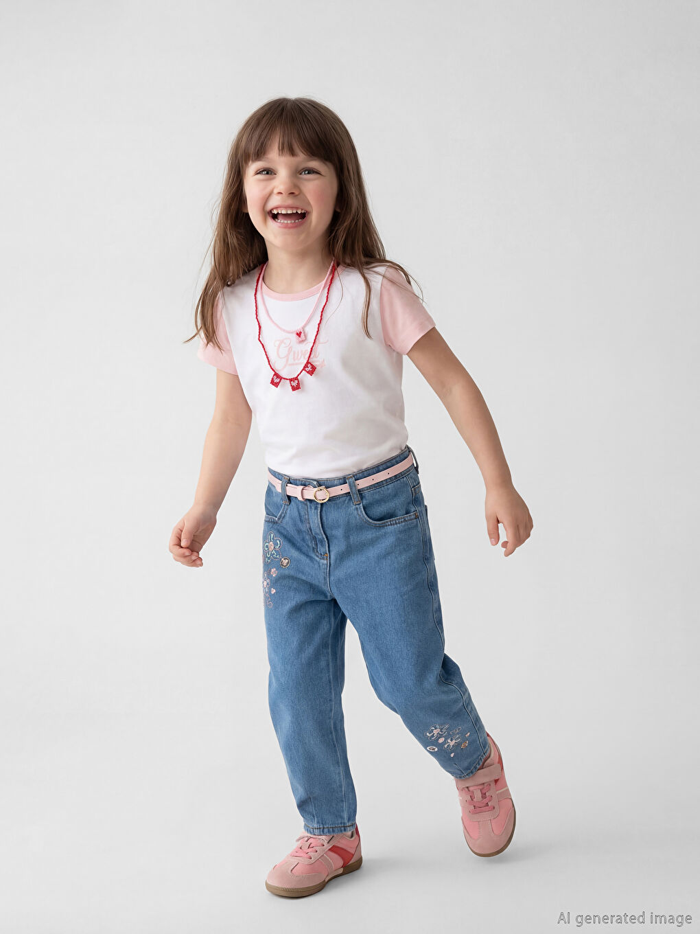 Mavi Balloon Fit Çiçek Nakışlı Kız Çocuk Jean Pantolon