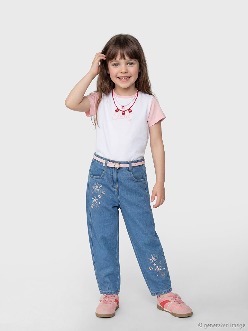 Mavi Balloon Fit Çiçek Nakışlı Kız Çocuk Jean Pantolon-1