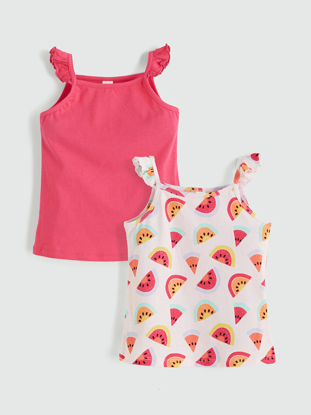 Pembe Kare Yaka Baskılı Kız Çocuk Atlet 2'li