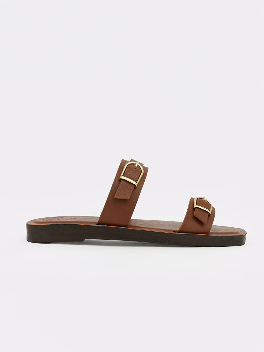 Kahverengi Çift Bantlı Tokalı Kadın Terlik-1