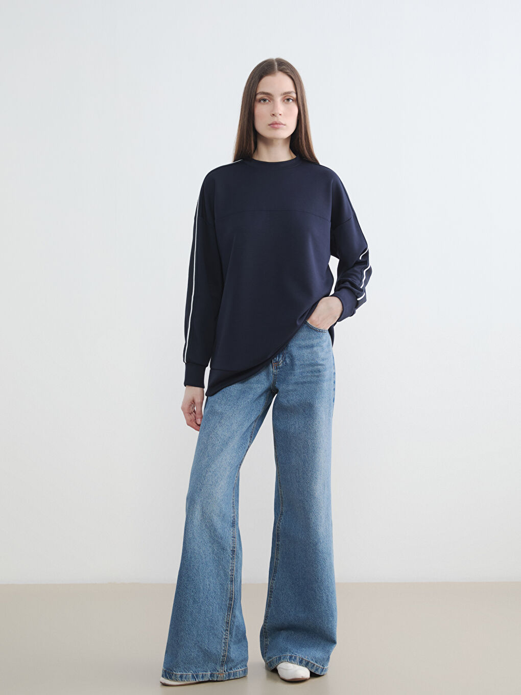 Lacivert Bisiklet Yaka Oversize Kadın Sweatshirt Tunik-1