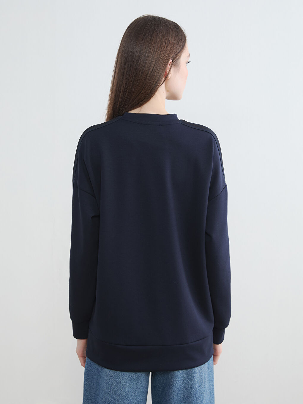 Lacivert Bisiklet Yaka Oversize Kadın Sweatshirt Tunik-3