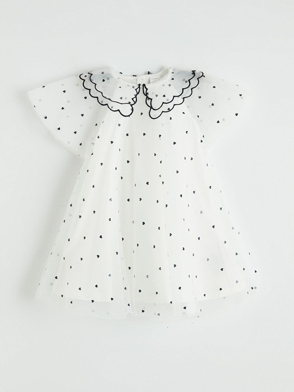 Ekru Bebe Yaka Kalp Desenli Kız Çocuk Elbise