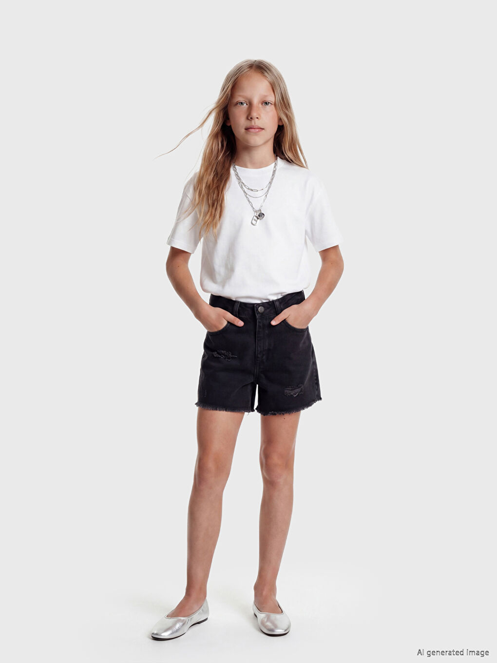Distressed Detail Girls' Denim Shorts-1