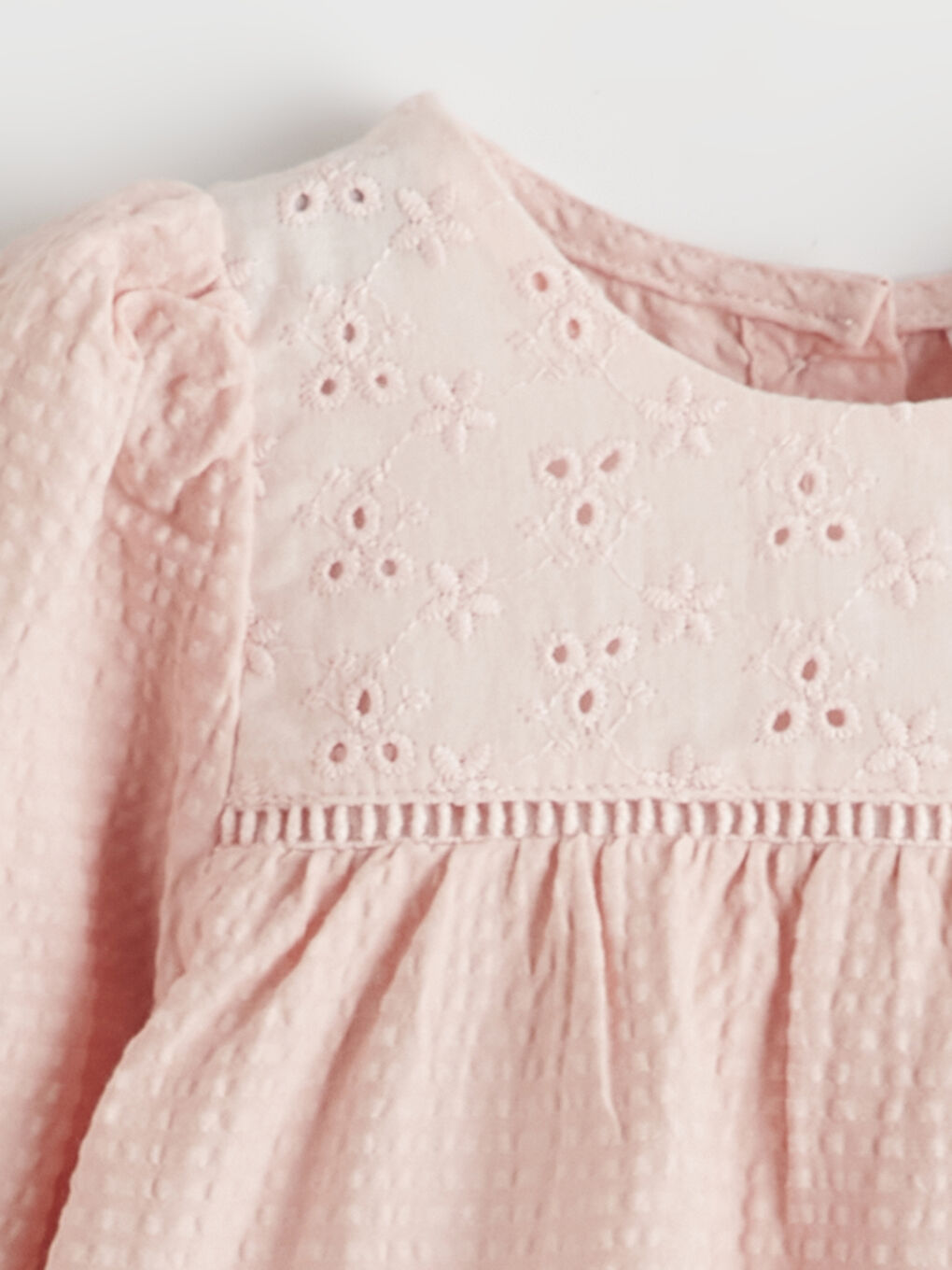 Pembe Nakışlı Bisiklet Yaka Balon Kollu Kız Bebek Elbise-1