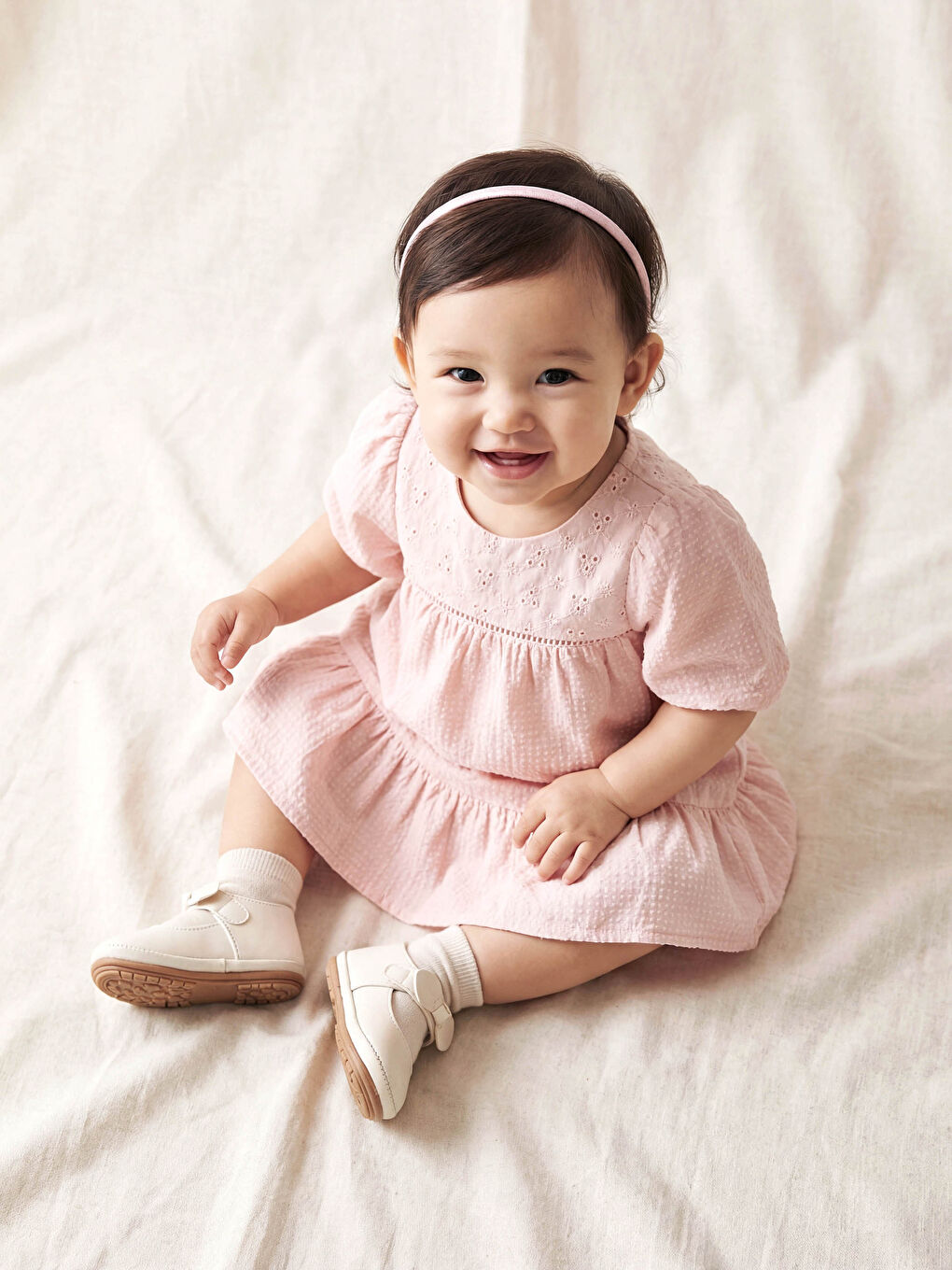 Embroidered Crew Neck Balloon Sleeve Baby Girl Dress