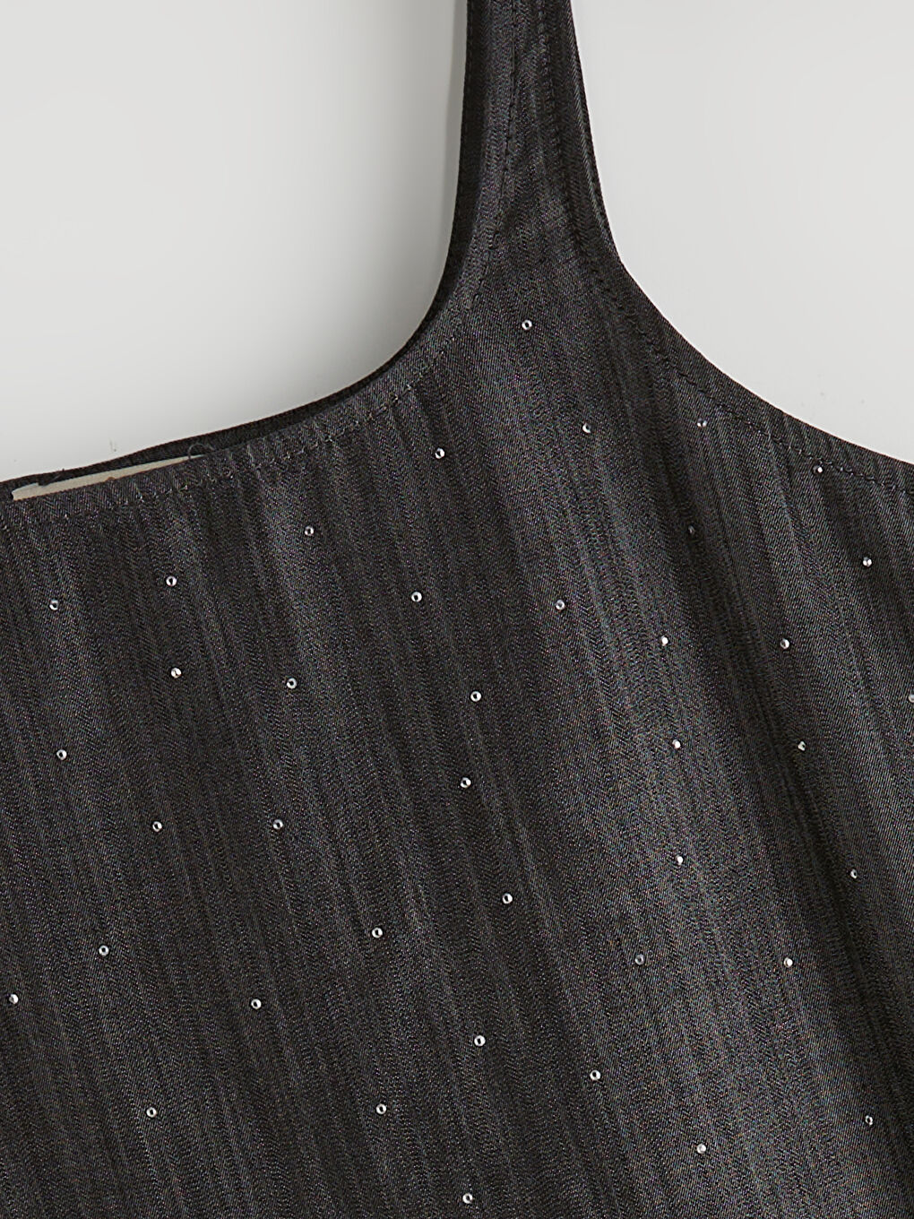 Gri U Yaka Askılı Taşlı Mini Jean Elbise-1