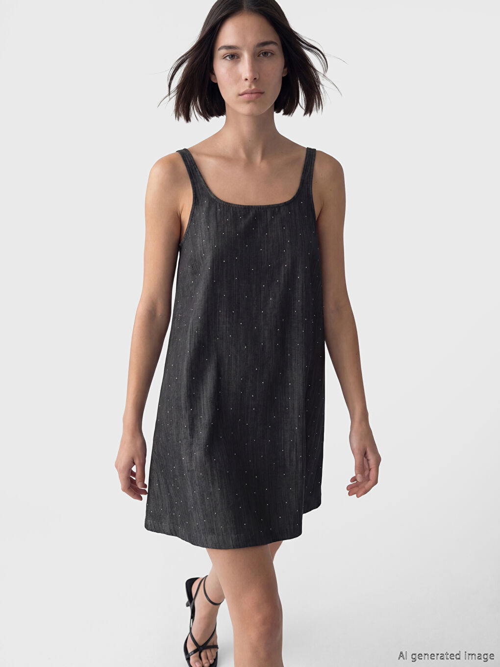 Gri U Yaka Askılı Taşlı Mini Jean Elbise