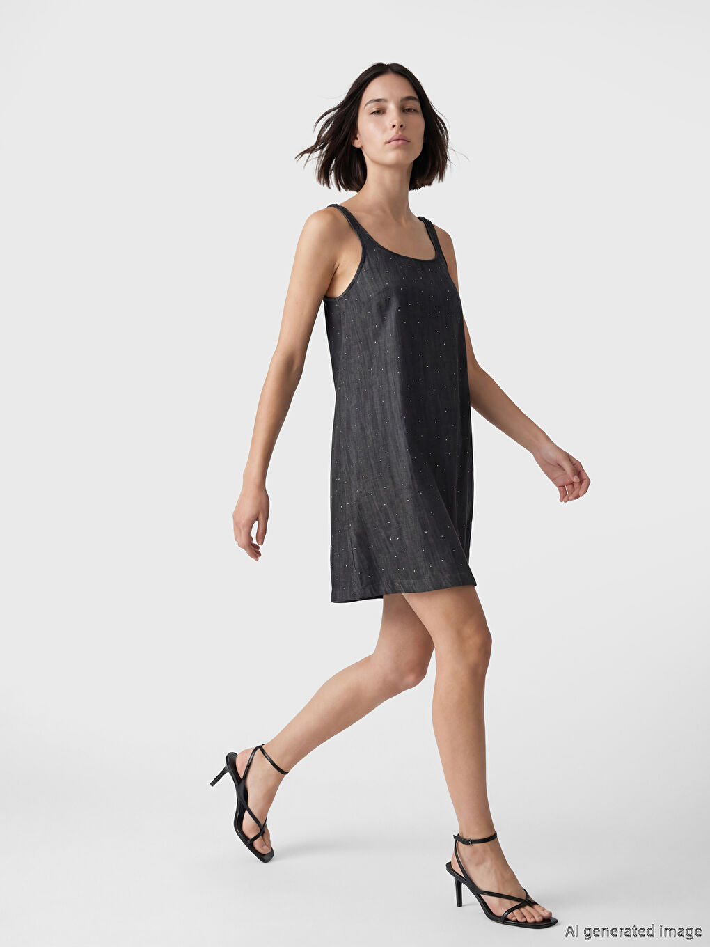 Gri U Yaka Askılı Taşlı Mini Jean Elbise-2