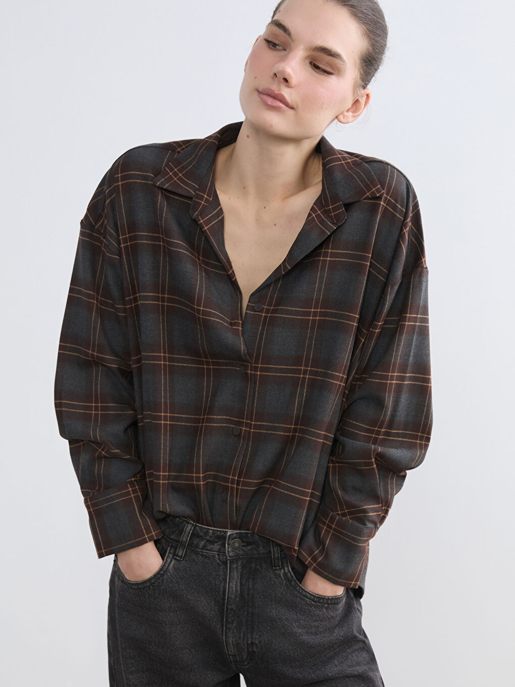 Gri Ekose Oversize Kadın Gömlek