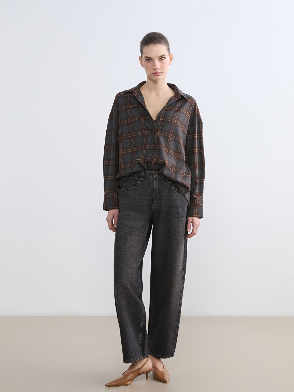 Gri Ekose Oversize Kadın Gömlek-1