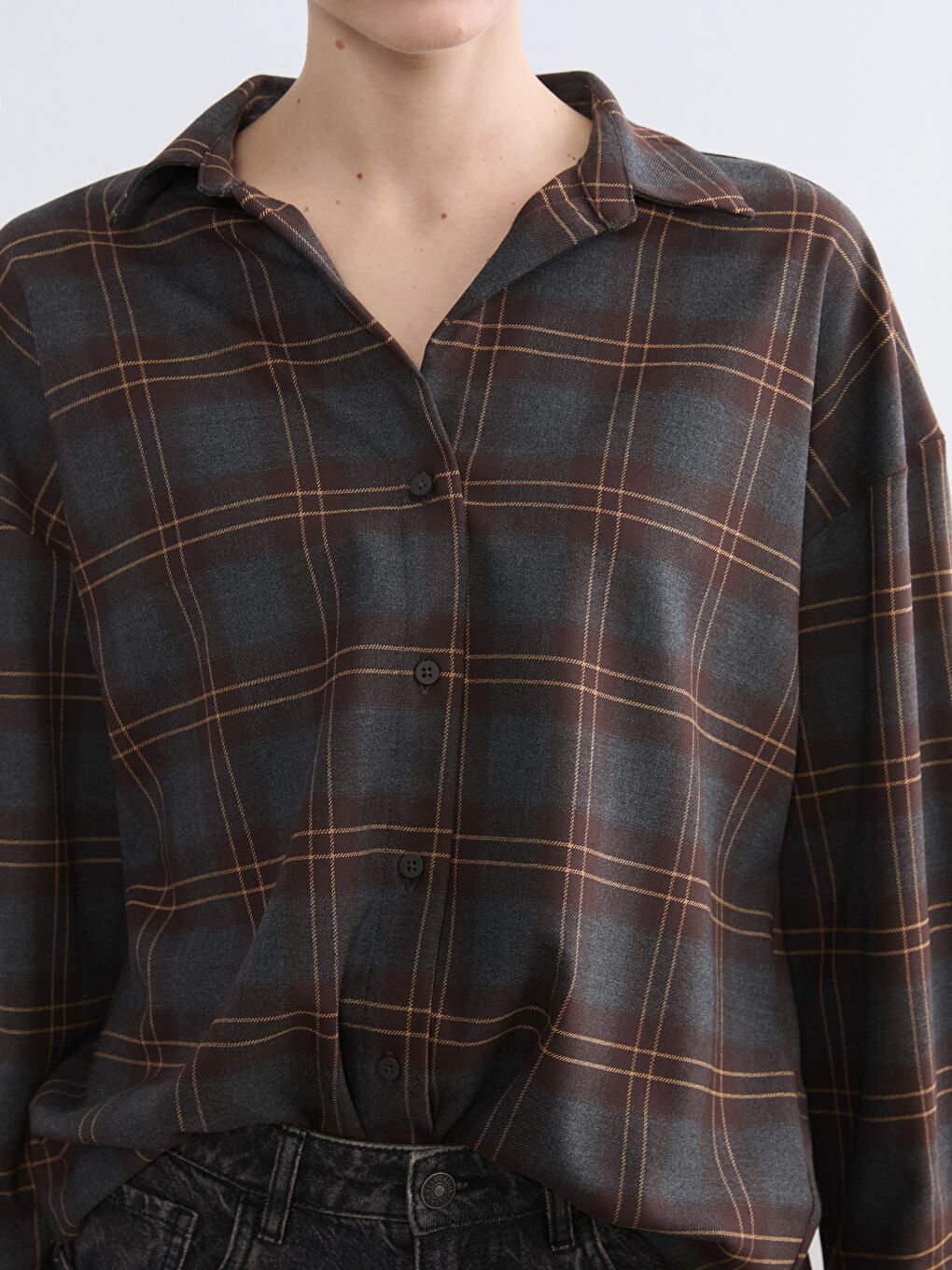 Gri Ekose Oversize Kadın Gömlek-2