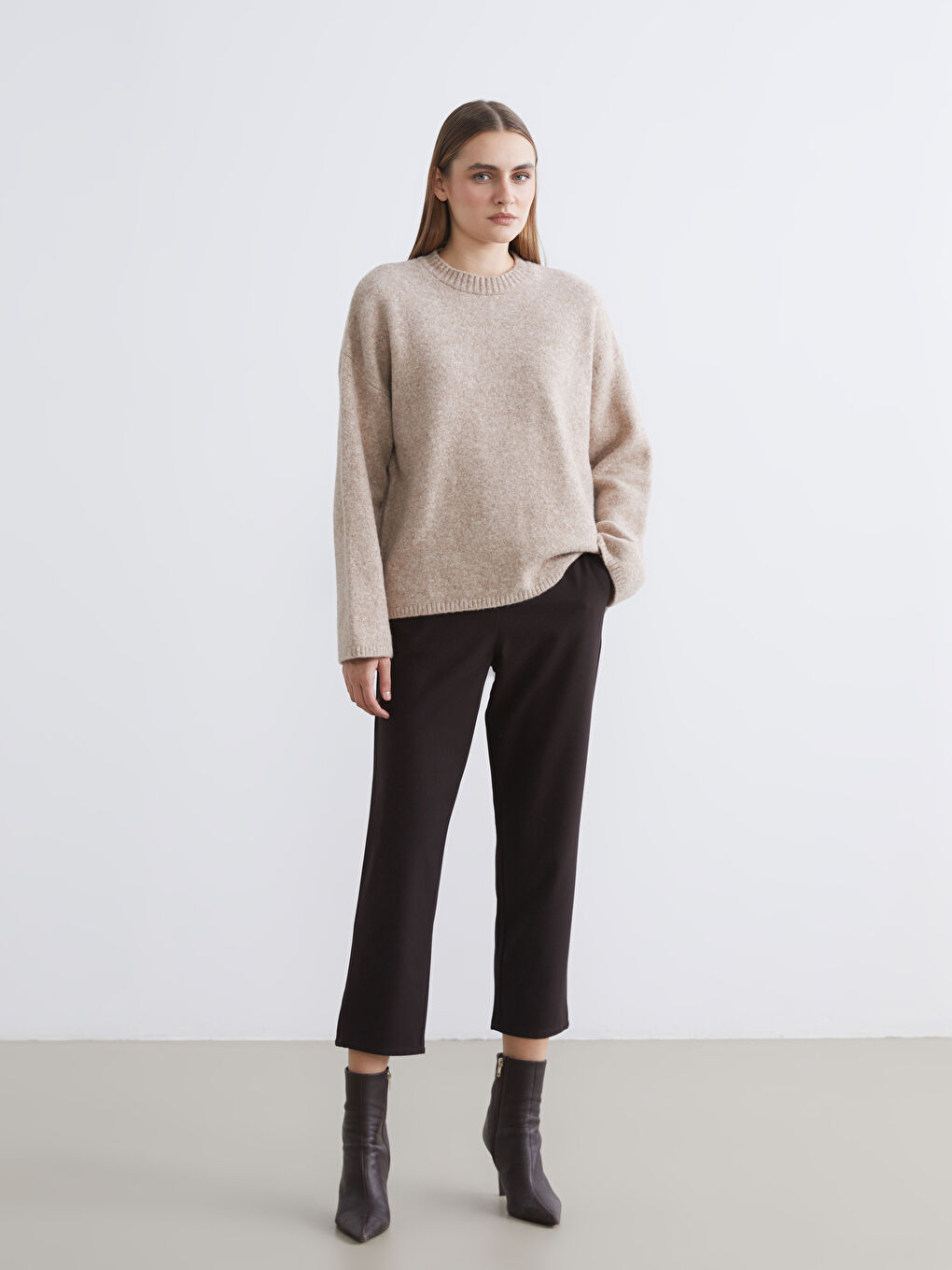 Bej Bisiklet Yaka Oversize Kadın Triko Kazak-1