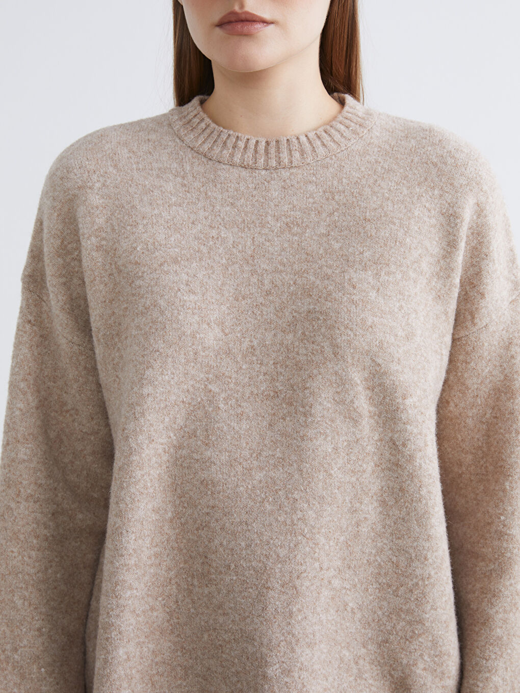 Bej Bisiklet Yaka Oversize Kadın Triko Kazak-2