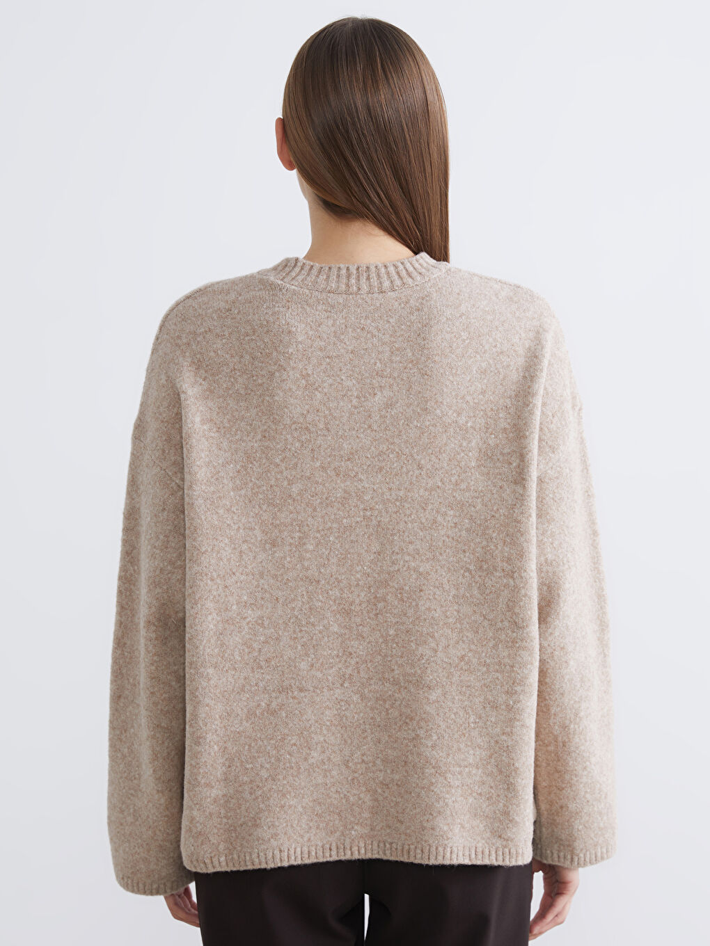 Bej Bisiklet Yaka Oversize Kadın Triko Kazak-3