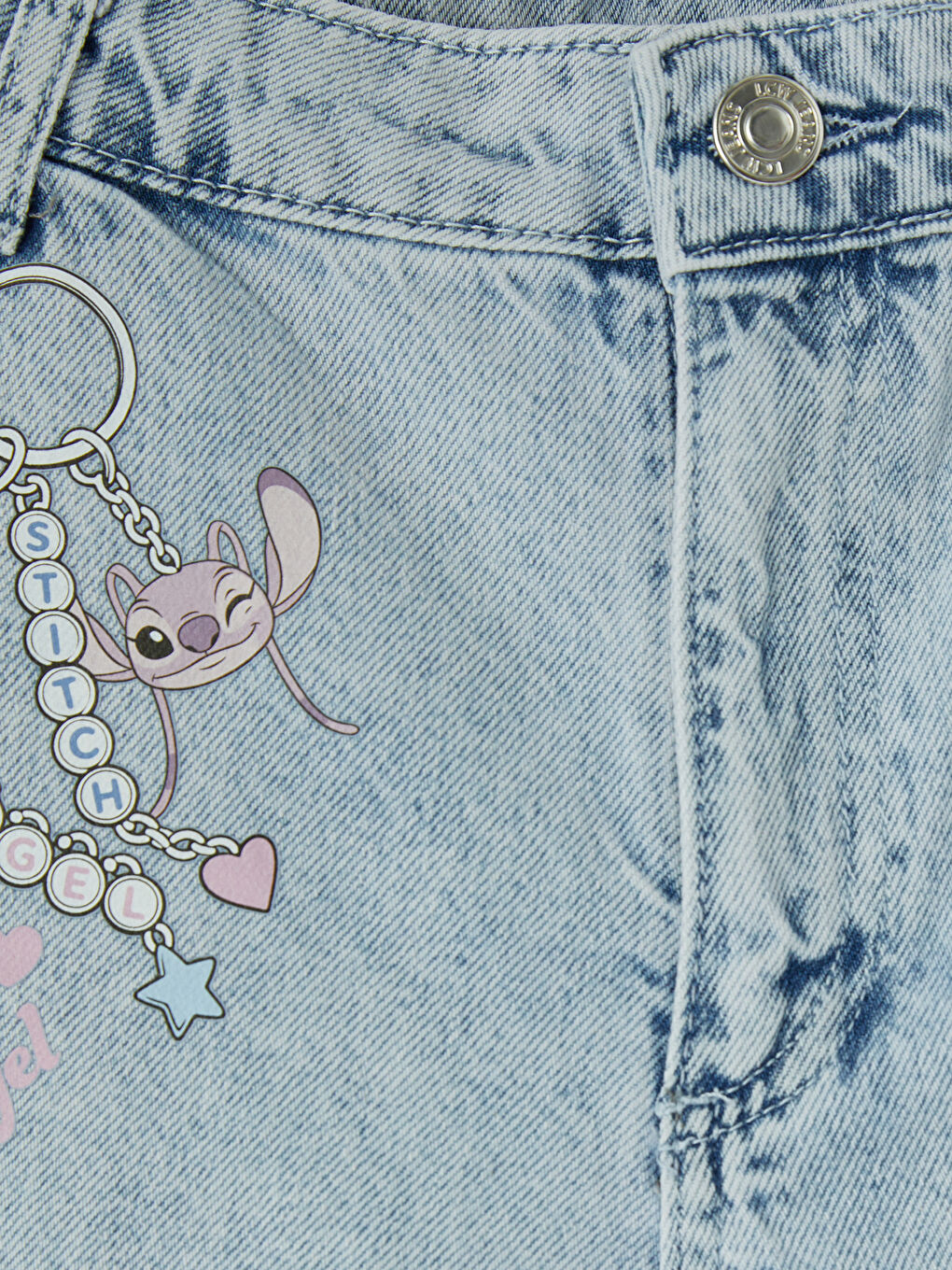 Mavi Stitch ve Angel Baskılı Kız Çocuk Jean Şort-2
