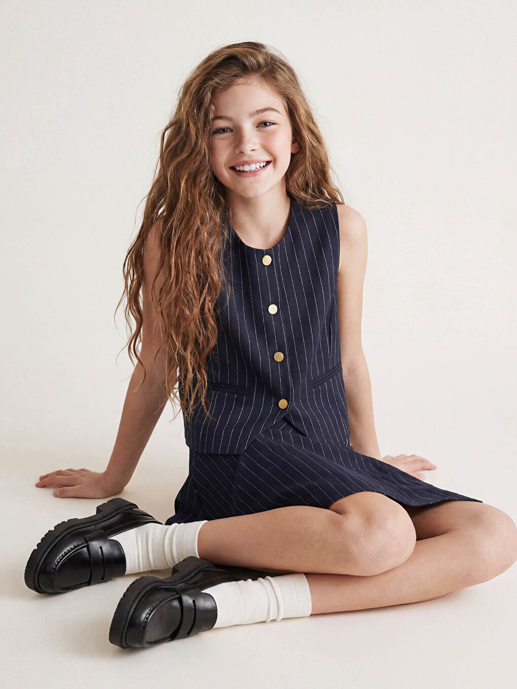 Lacivert Çizgili Kız Çocuk Klasik Yelek
