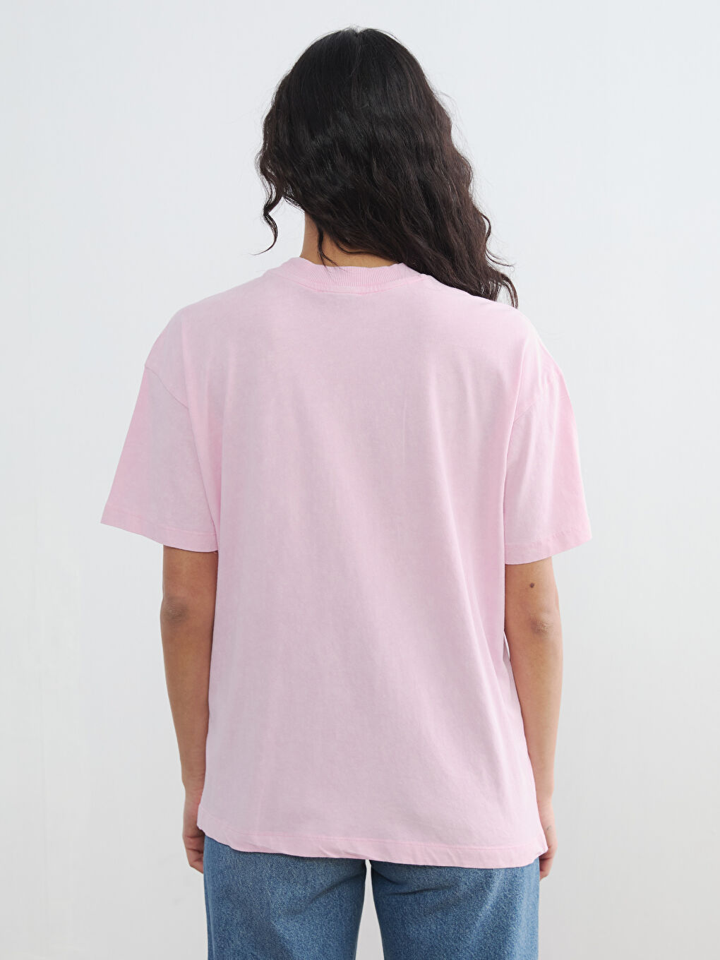 Pembe Bisiklet Yaka Baskılı Kadın Tişört-3