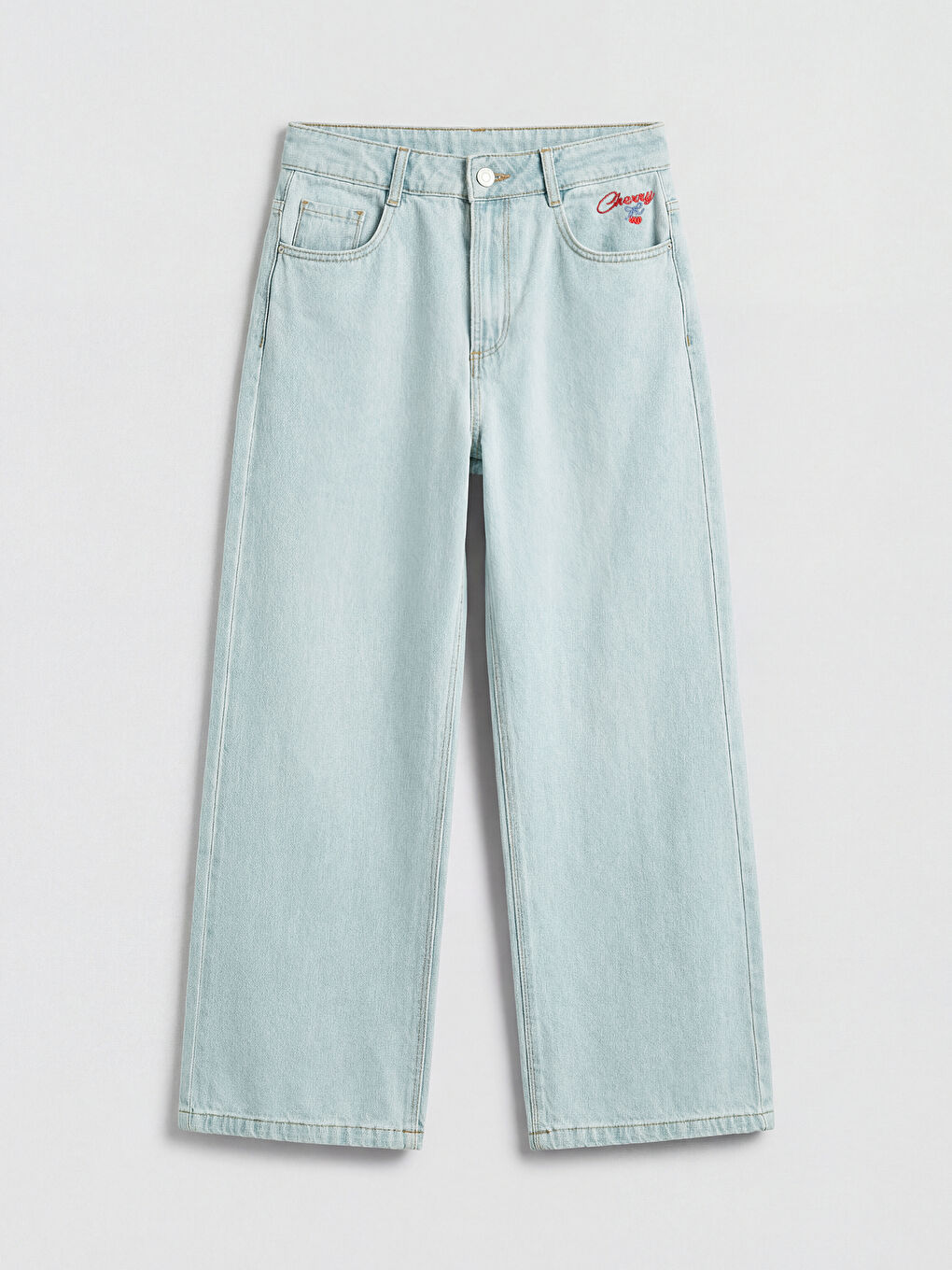 İndigo Wideleg Nakışlı Kız Çocuk Jean Pantolon